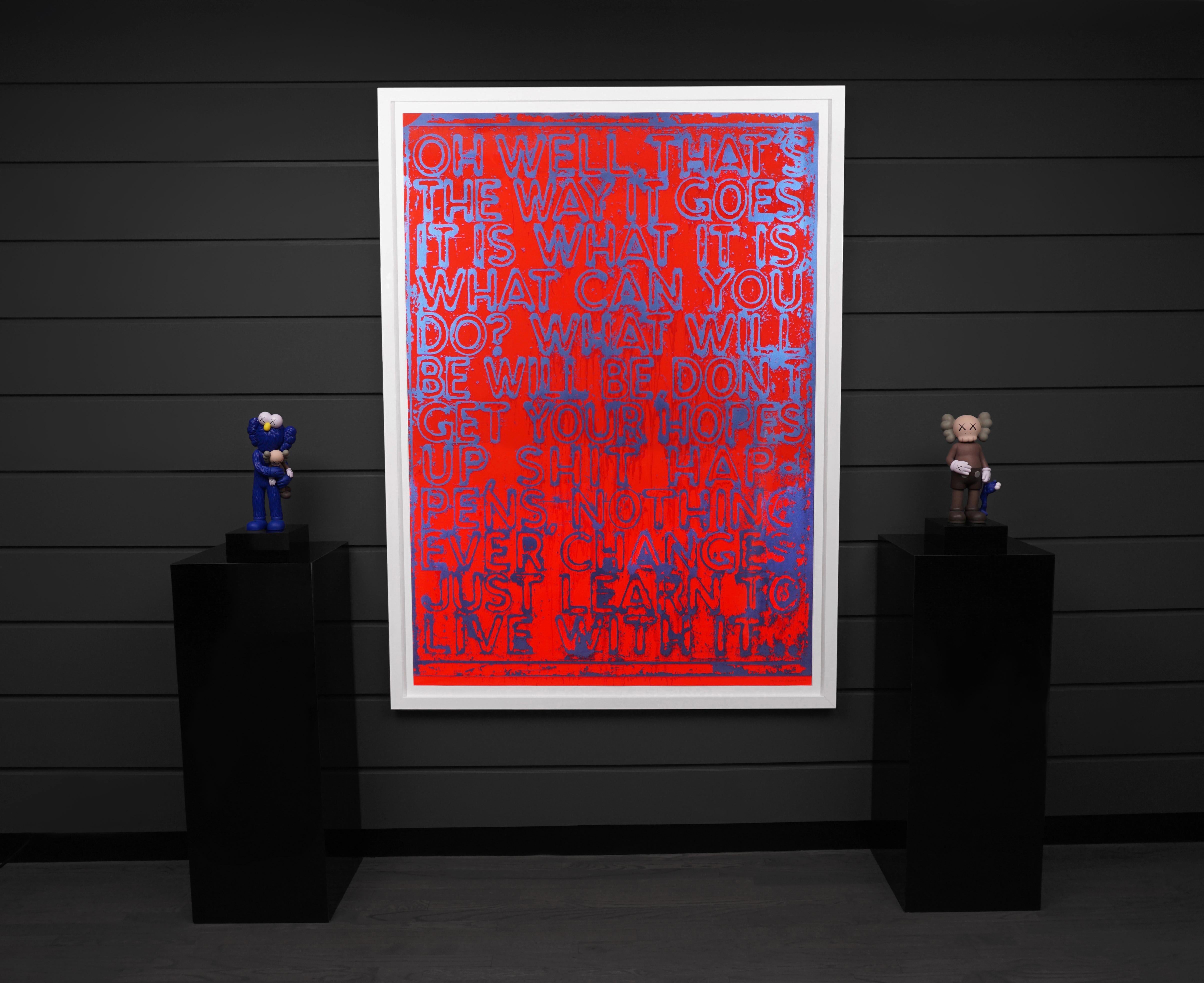 'Oh Well' is a seven color silkscreen print by contemporary artist, Mel Bochner. This piece was created in 2020 in a limited edition of only 30 prints in existence and is signed by the Artist. The bold cherry red and iridescent powder blue is the