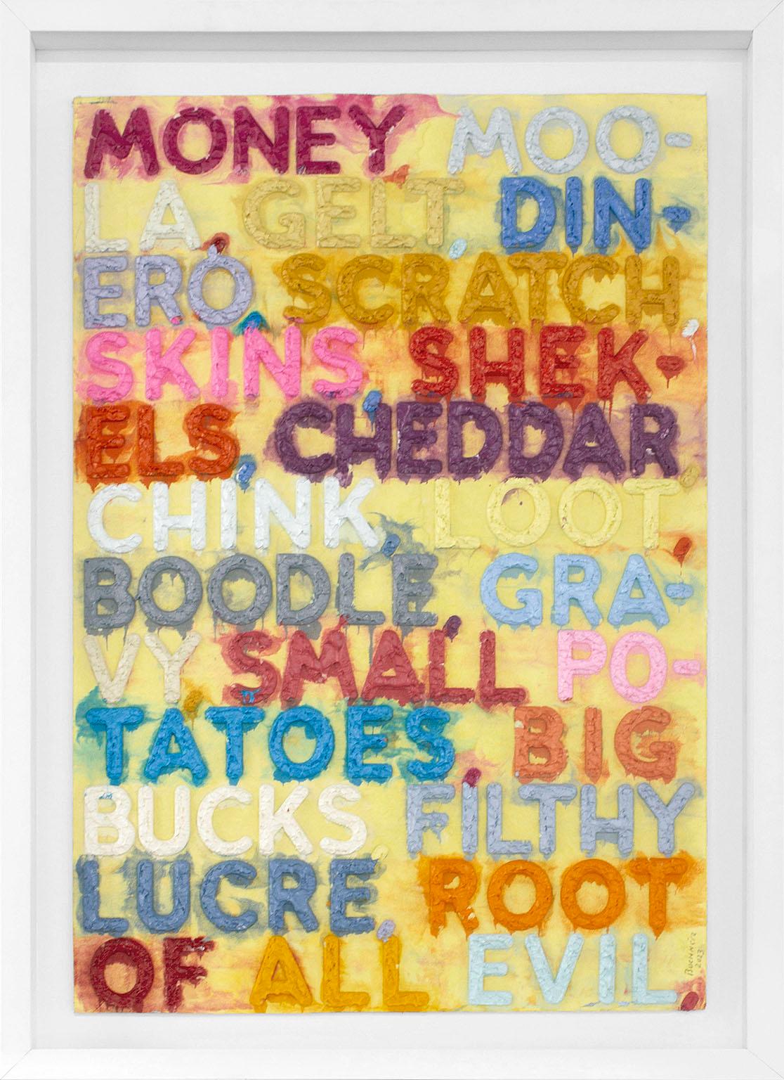 "Money" monoprint in oil with collage, engraving and embossment by Mel Bochner