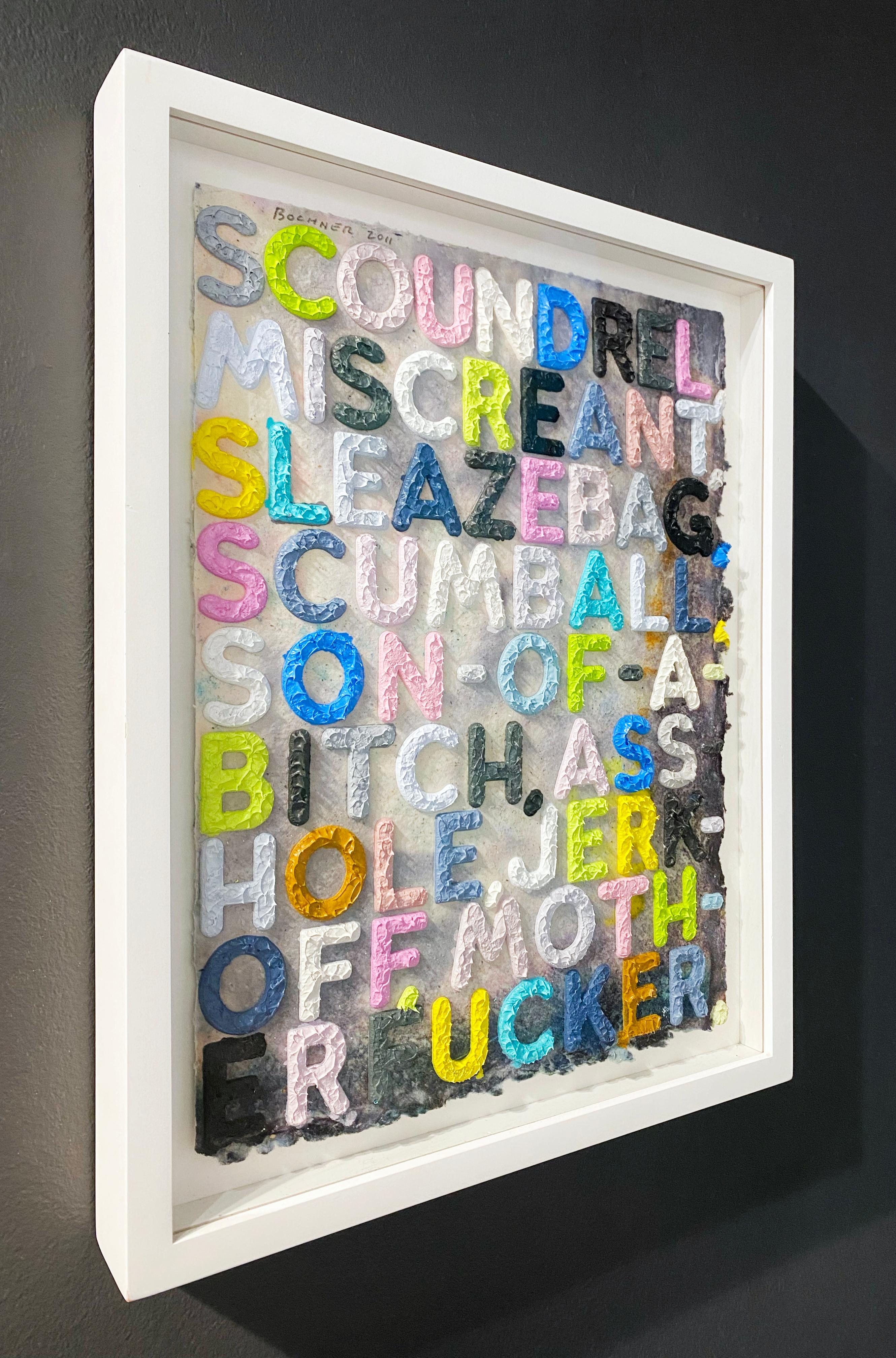 Artist:  Bochner, Mel
Title:  Scoundrel
Date:  2011
Medium:  Monoprint with collage, engraving and embossment on hand-dyed Twinrocker handmade paper
Unframed Dimensions:  12