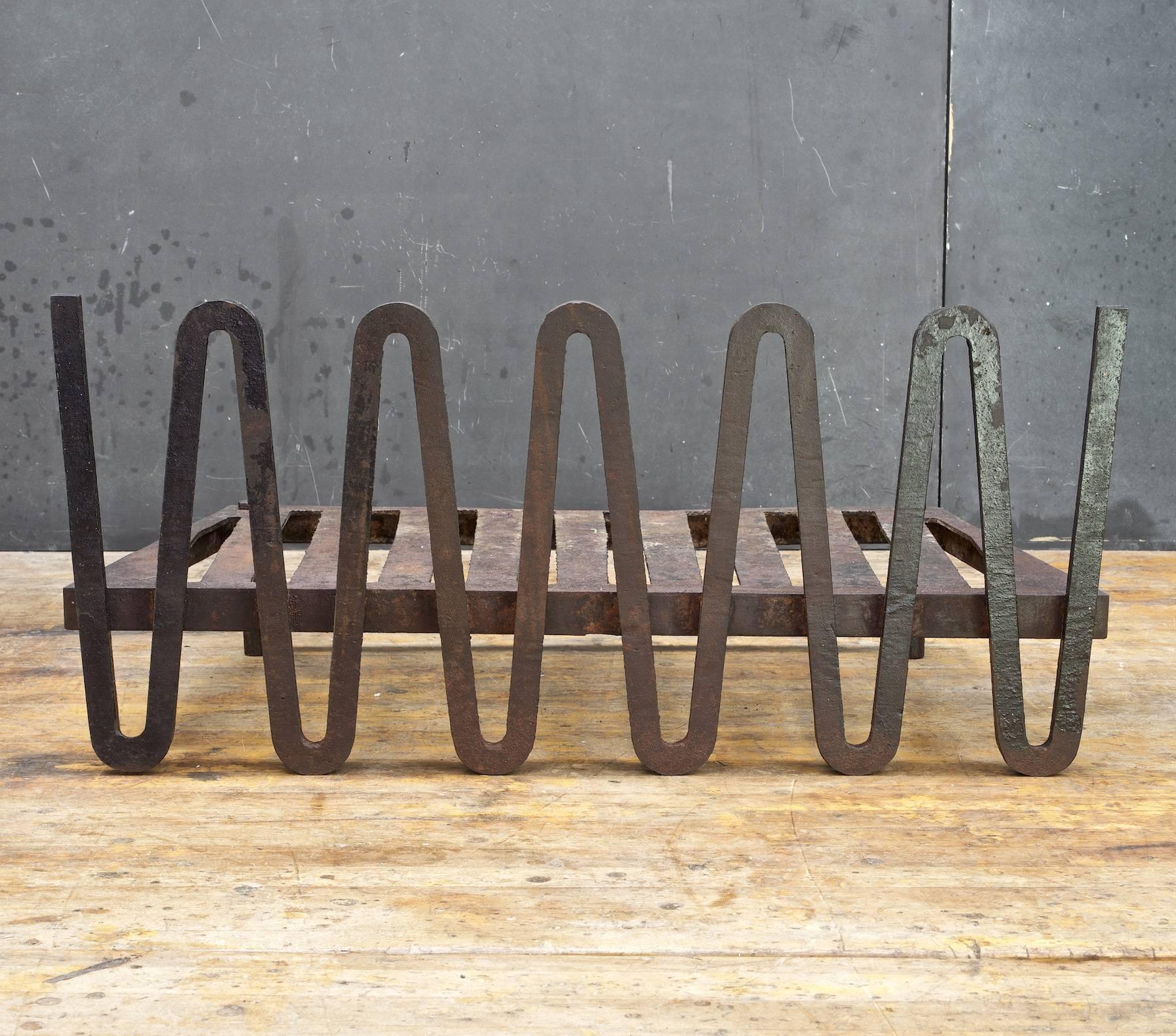 Rare sought after andiron and fire grate, designed by Mel Bogart for Stewart-Winthrop, mfg. by Felmore, and selected for the 1955 Good Design exhibition.