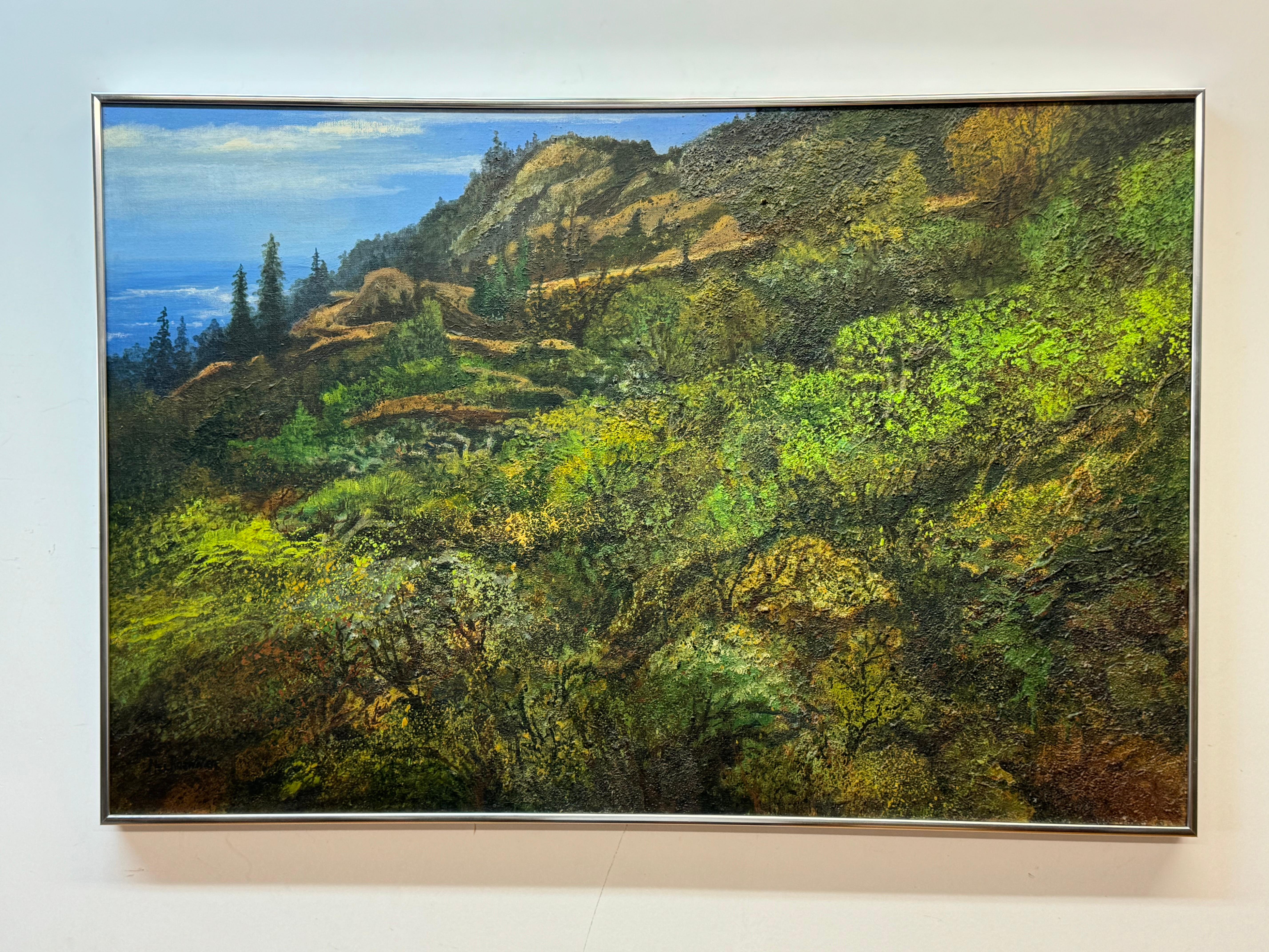 Mel Brenner (1920-1998) : paysage exceptionnel d'un artiste de la Bay Area. Intitulée "course côtière" et datée de 1972. Acrylique sur toile. 24 x 36 sur châssis, 24.5 x 36.25 encadré 