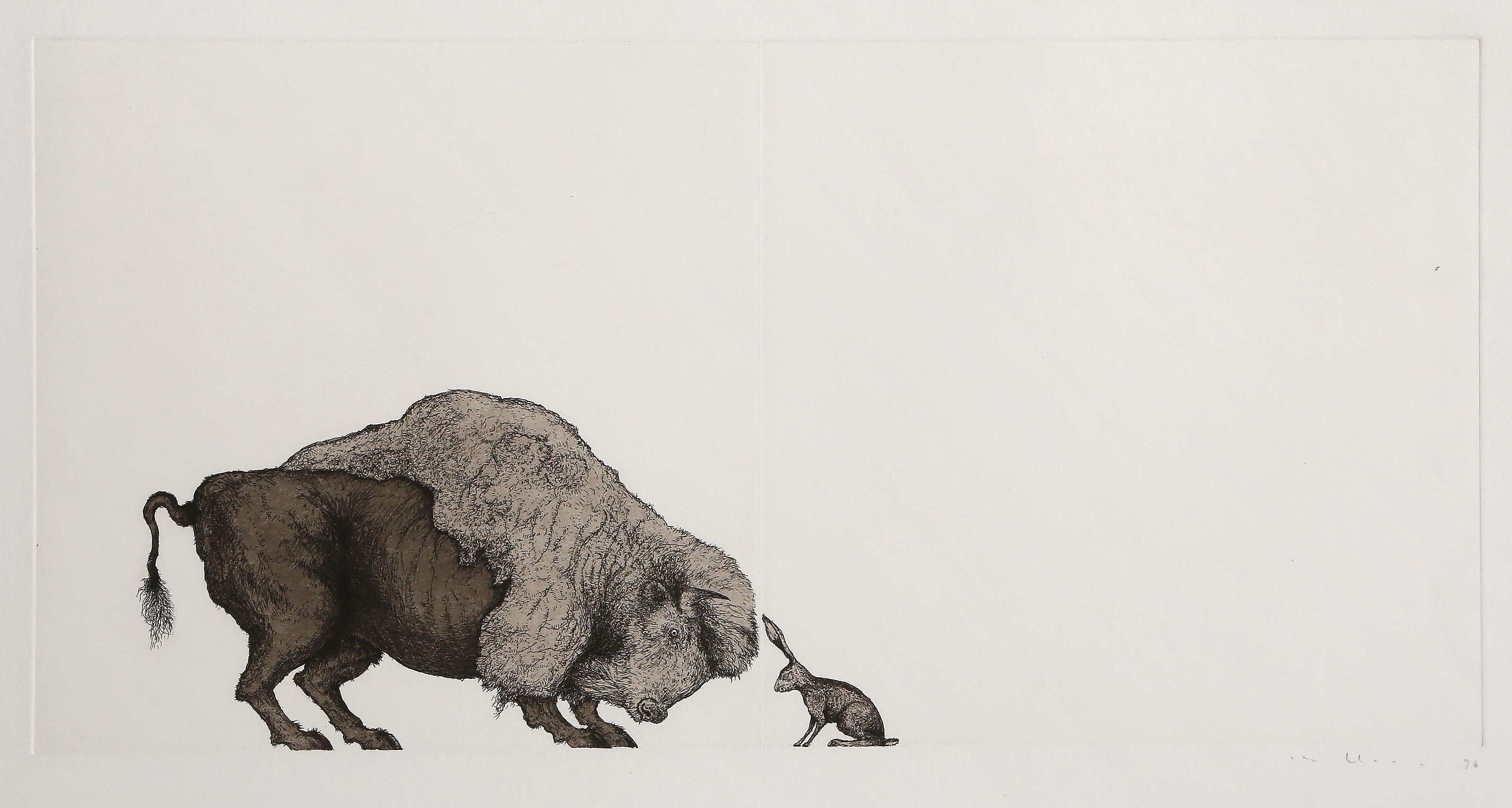 Mel Chin, American (1951 - ) - Self-Portrait (Bison and Hare), Year:  1996, Medium:  Etching on BFK Rives, signed, numbered and dated in pencil, Edition:  25, Image Size:  11 x 21.5 inches, Size:  17.5 x 28 in. (44.45 x 71.12 cm)