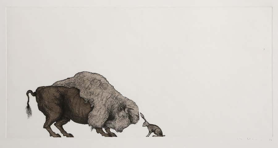 Self-Portrait (Bison and Hare), Conceptual Etching by Mel Chin