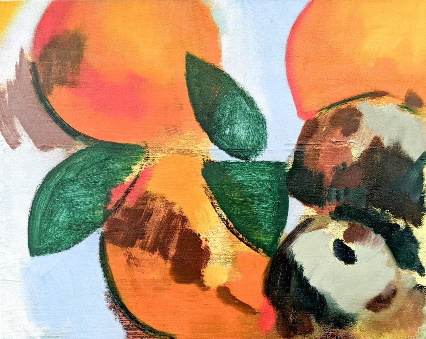Mel Davis Abstract Painting - Citrus - bold, rich, colourful, abstracted still life, oil on canvas over panel