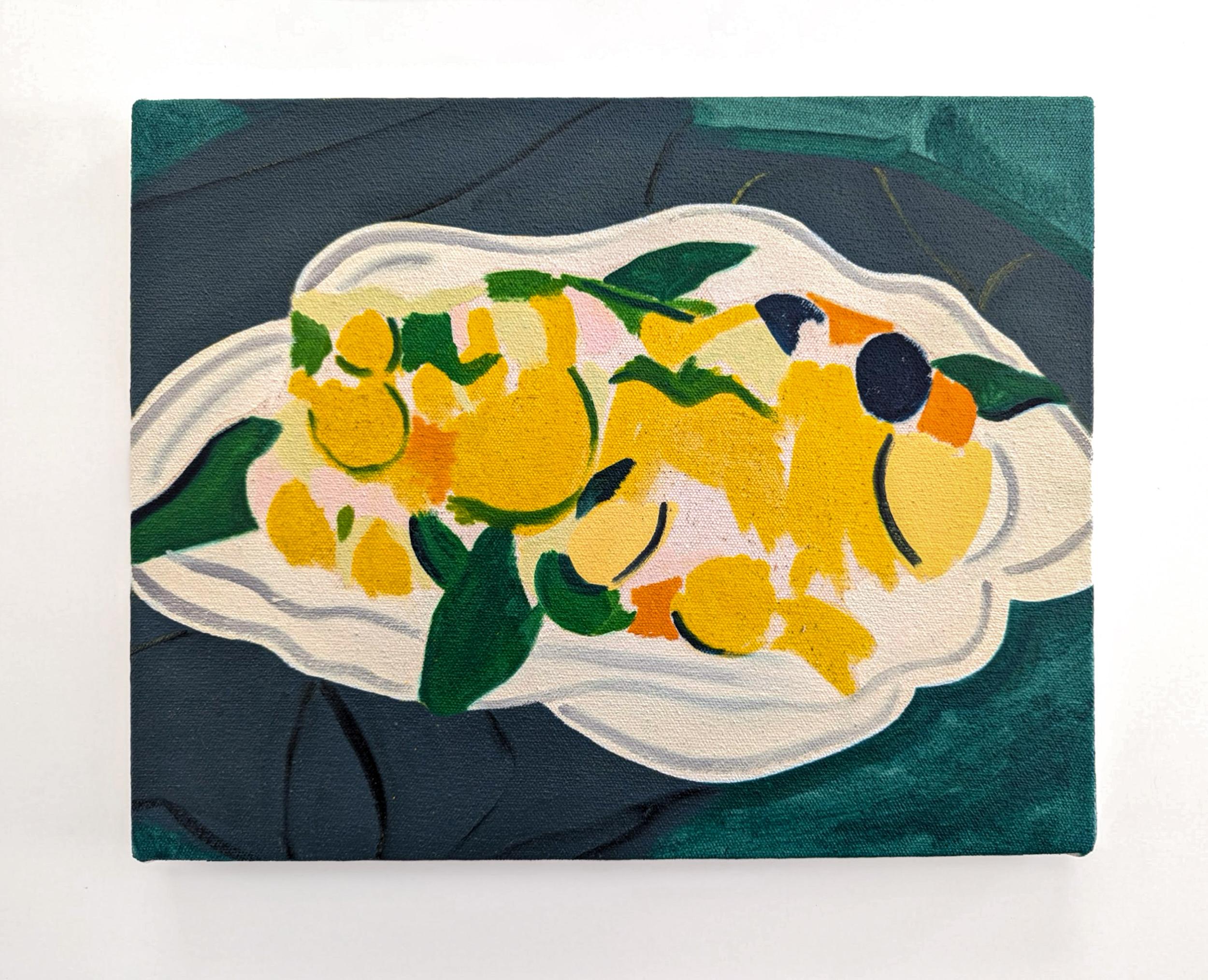 Agrumes avec bol - nature morte contemporaine, abstraite, huile sur toile - Painting de Mel Davis