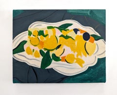 Agrumi con ciotola - natura morta contemporanea e astratta, olio su tela