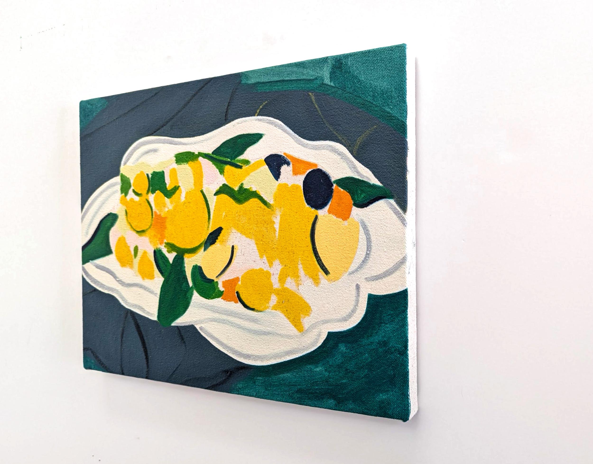 Agrumes avec bol - nature morte contemporaine, abstraite, huile sur toile - Abstrait Painting par Mel Davis