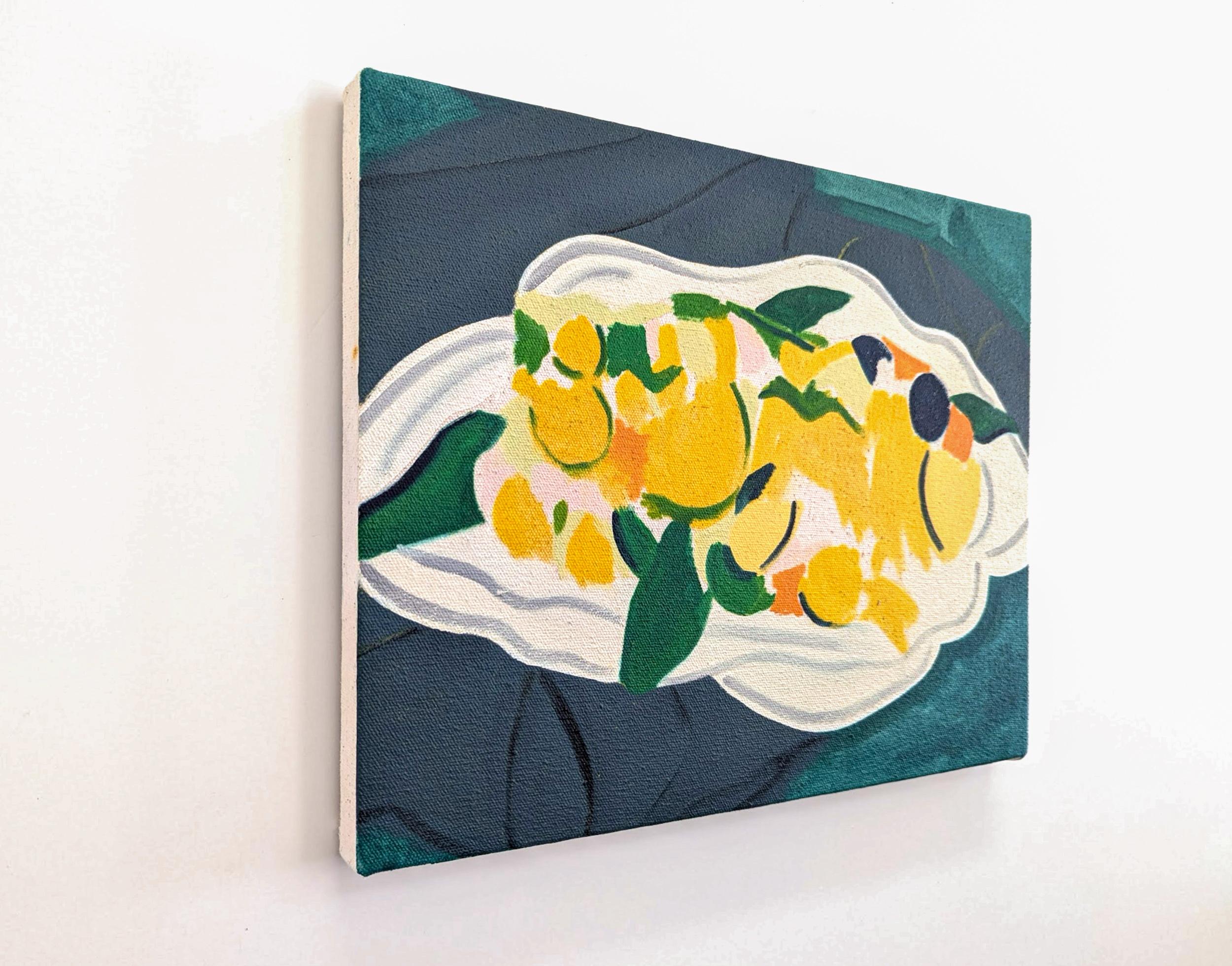 Agrumes avec bol - nature morte contemporaine, abstraite, huile sur toile - Noir Abstract Painting par Mel Davis