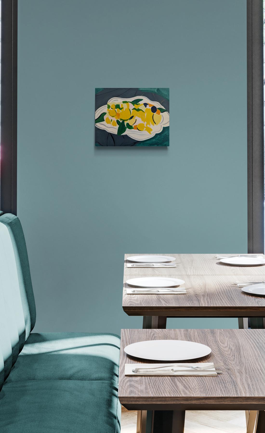 Agrumes avec bol - nature morte contemporaine, abstraite, huile sur toile en vente 2
