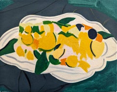 Cítricos con cuenco - bodegón contemporáneo y abstracto, óleo sobre lienzo