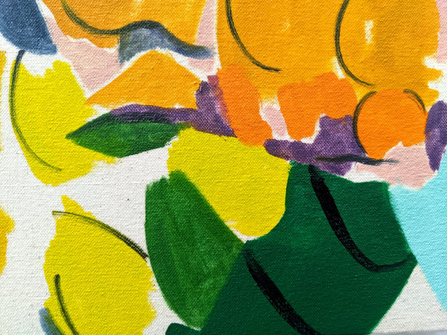 Citrus mit Zeichnung – farbenfrohes, abstraktes Stillleben, Öl auf Leinwand über Tafel (Braun), Abstract Painting, von Mel Davis