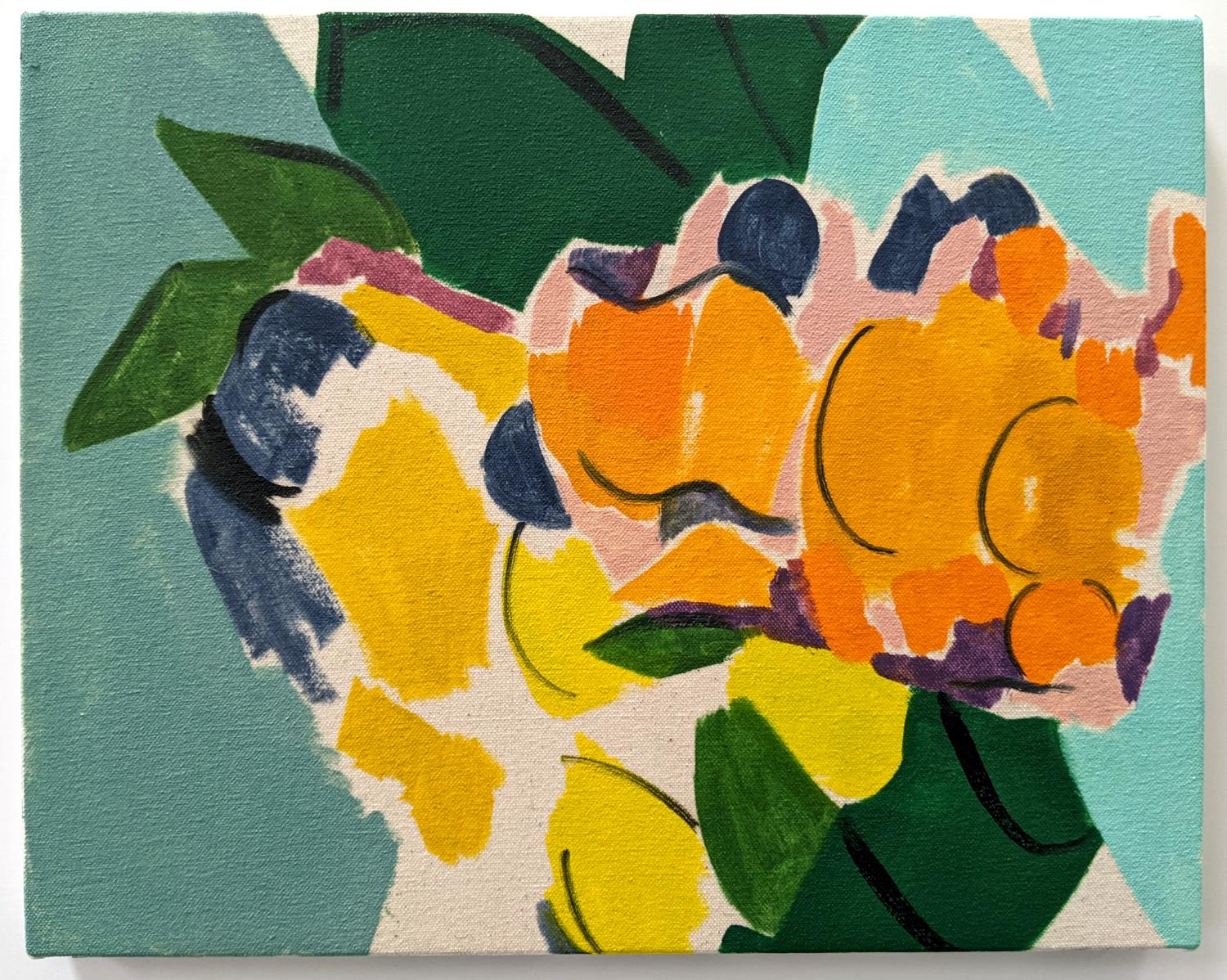 Citrus With Drapery - colourful, abstracted still life, oil on canvas over panel - Painting by Mel Davis