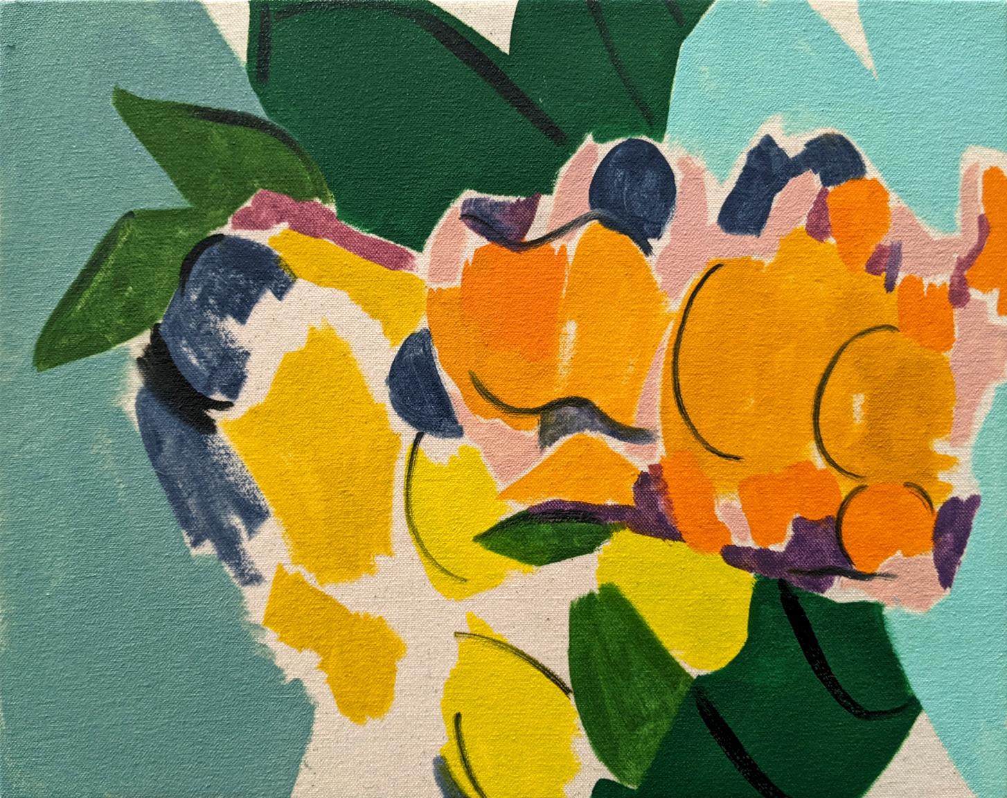 Mel Davis Abstract Painting - Citrus With Drapery - colourful, abstracted still life, oil on canvas over panel