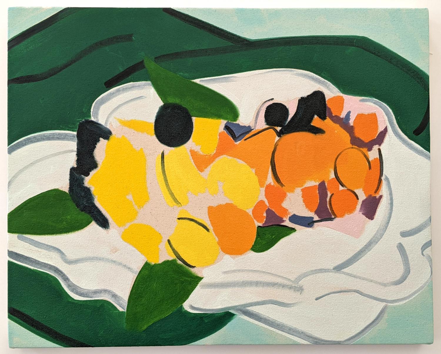 Mel Davis Abstract Painting - Fruit Bowl - rich, colourful, abstracted still life, oil on canvas over panel