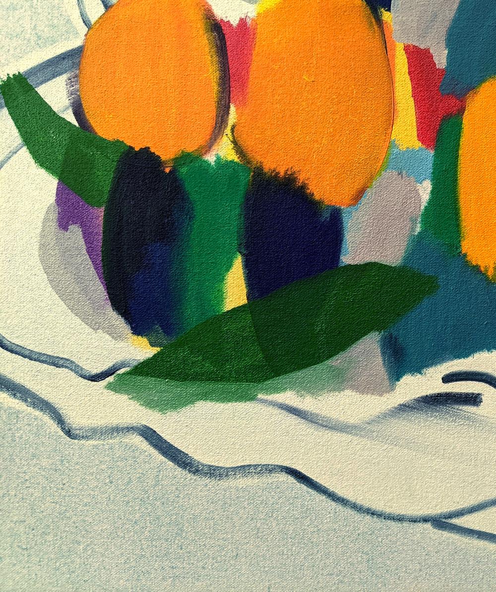 Bol à fruits avec feuilles - nature morte luxuriante et abstraite, huile sur toile sur panneau - Contemporain Painting par Mel Davis