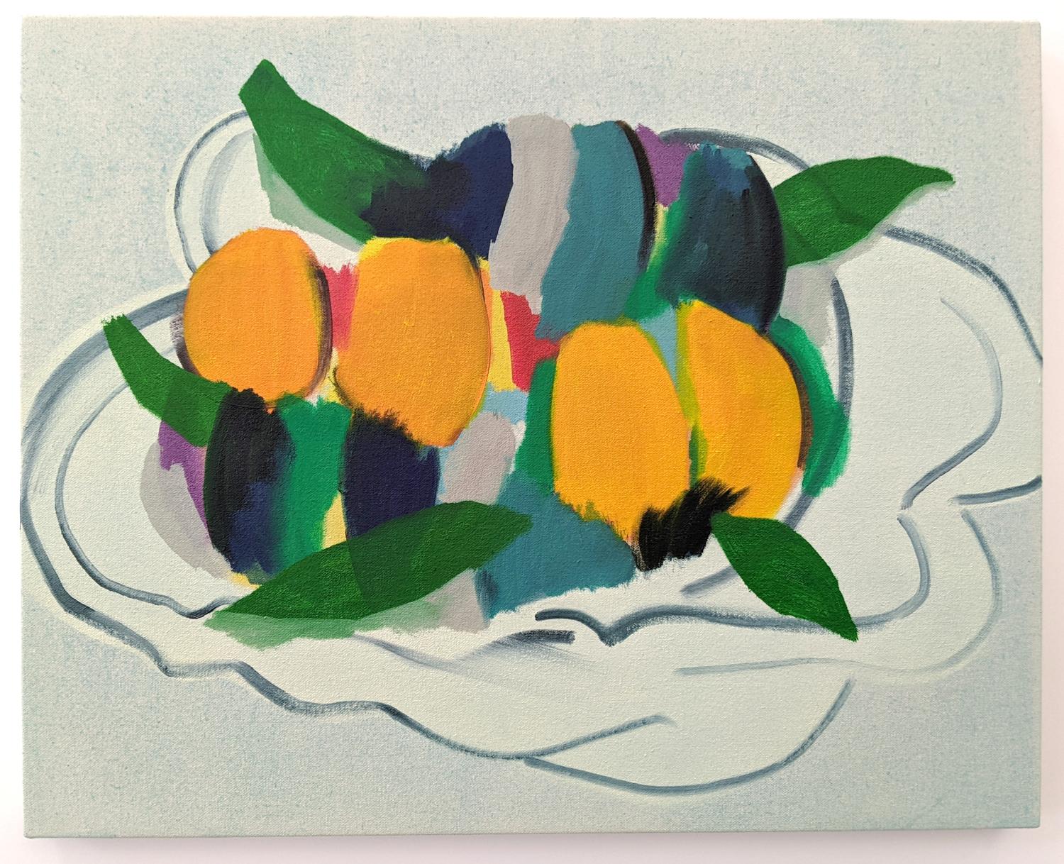 Bol à fruits avec feuilles - nature morte luxuriante et abstraite, huile sur toile sur panneau - Painting de Mel Davis
