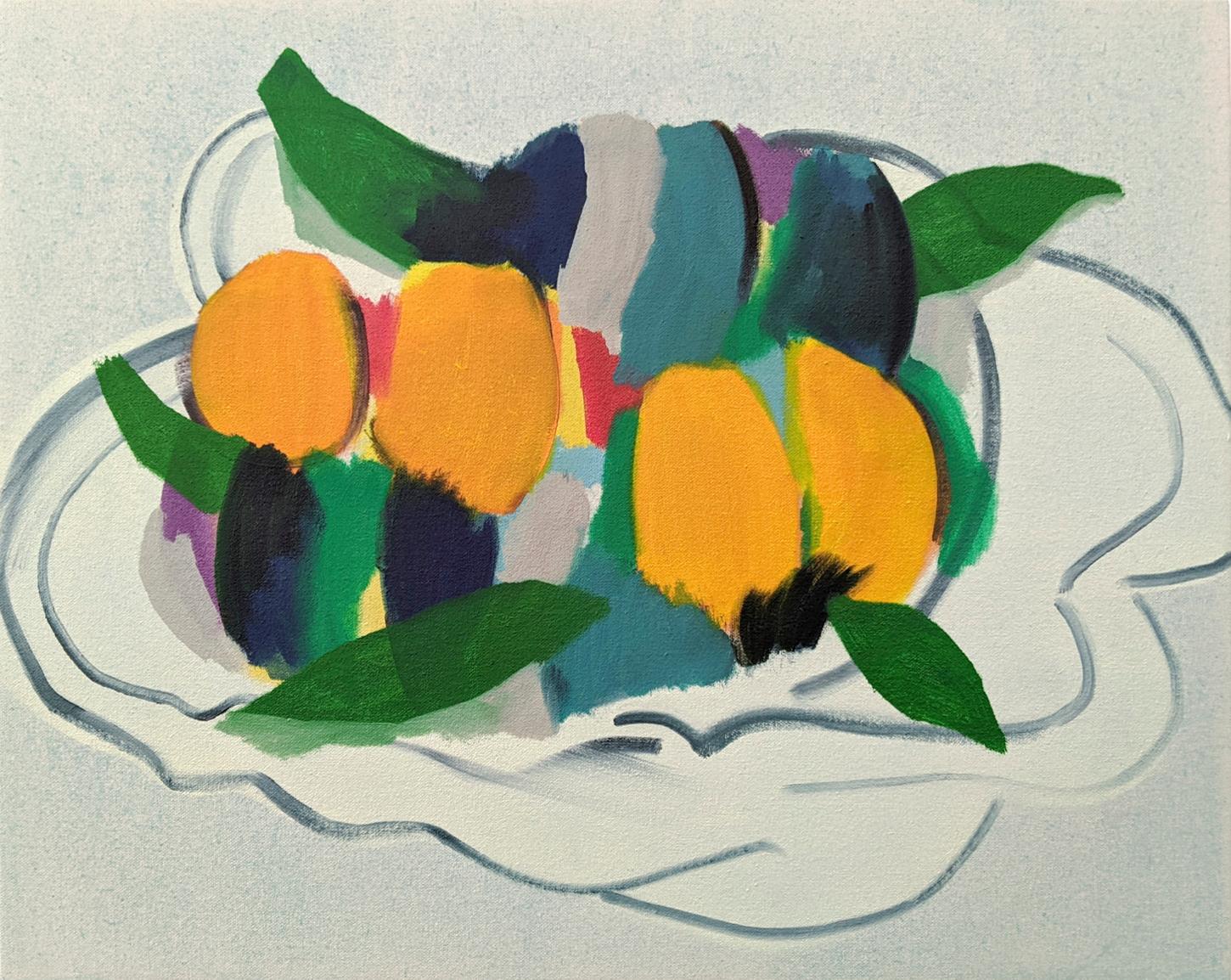 Still-Life Painting Mel Davis - Bol à fruits avec feuilles - nature morte luxuriante et abstraite, huile sur toile sur panneau