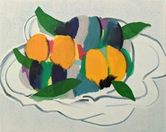 Fruit Bowl with Leaves - lush, abstracted still life, oil on canvas over panel
