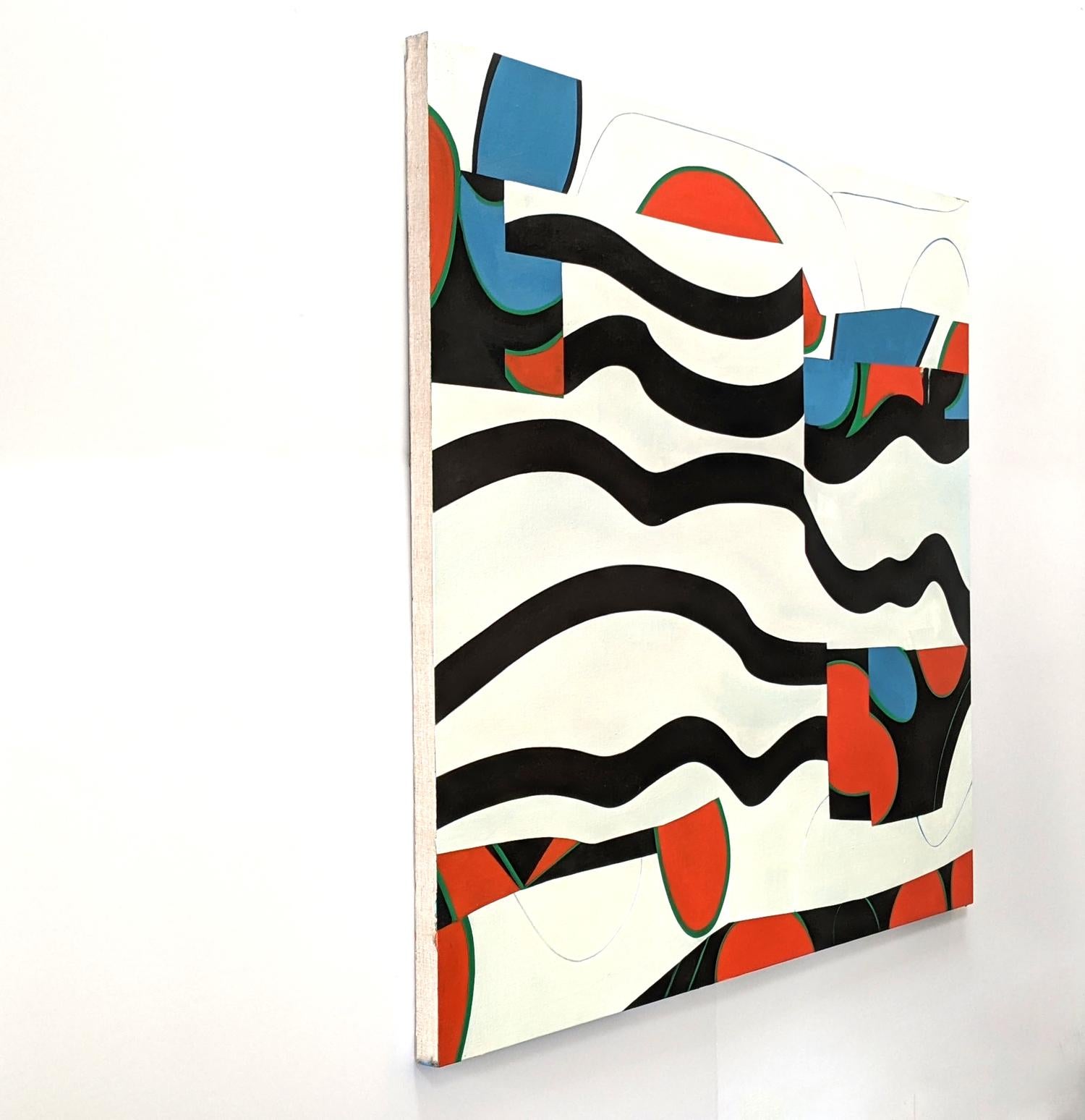 Dans cette œuvre abstraite lyrique de Mel Davis, des formes organiques et des lignes fluides se croisent dans une composition horizontale ludique. Whiting : utilisation de la forme et de la couleur - le bleu vif, le rouge et le noir contrastent avec