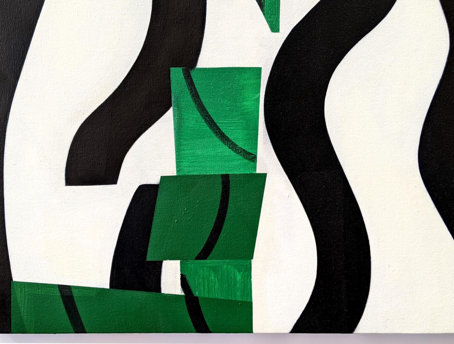 In diesem lyrischen, abstrakten Werk von Mel Davis überschneiden sich organische Formen und fließende Linien in einer verspielten horizontalen Komposition. Mit Form und Farbe - leuchtendes Blau, Rot und Schwarz kontrastieren mit einem frischen