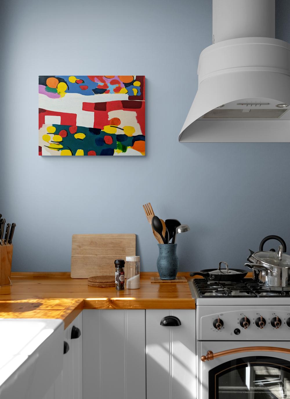 Stil Life (With Red Tablecloth 2) - coloré, abstrait, huile sur toile sur panneau en vente 1