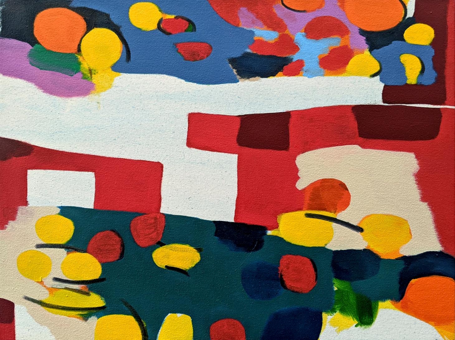Mel Davis Still-Life Painting – Stil Life (mit rotem Tischtuch 2) - farbenfrohes, abstraktes Öl auf Leinwand auf Tafel