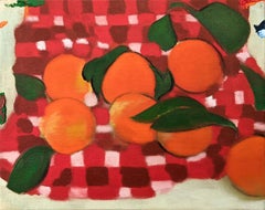 Stillleben (Citrus mit Draperie) – farbenfrohes, abstraktes Gemälde, Öl auf Leinwand auf Tafel