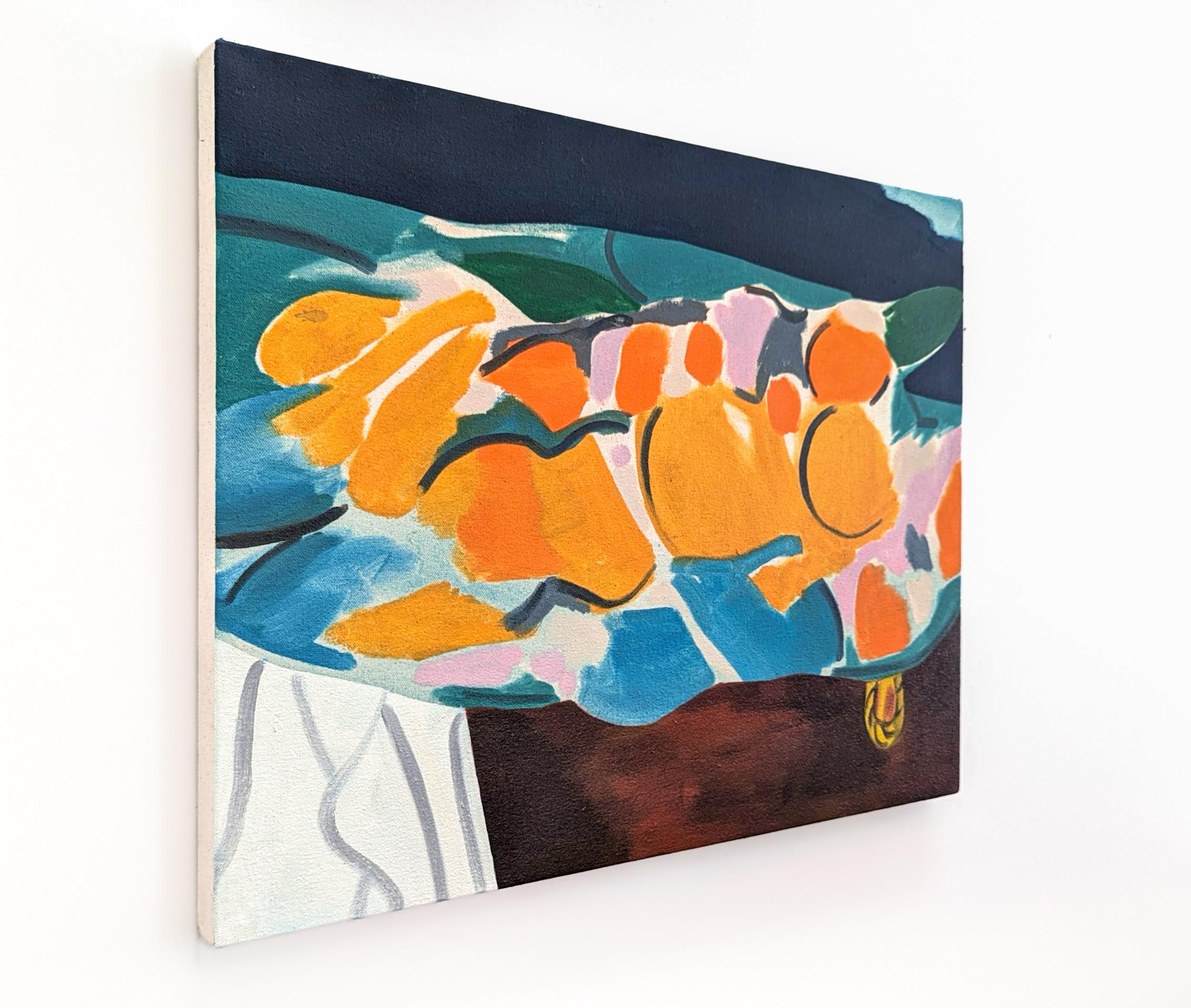 Natura morta con cassettone - natura morta contemporanea e astratta, olio su tela - Abstract Painting Blu di Mel Davis