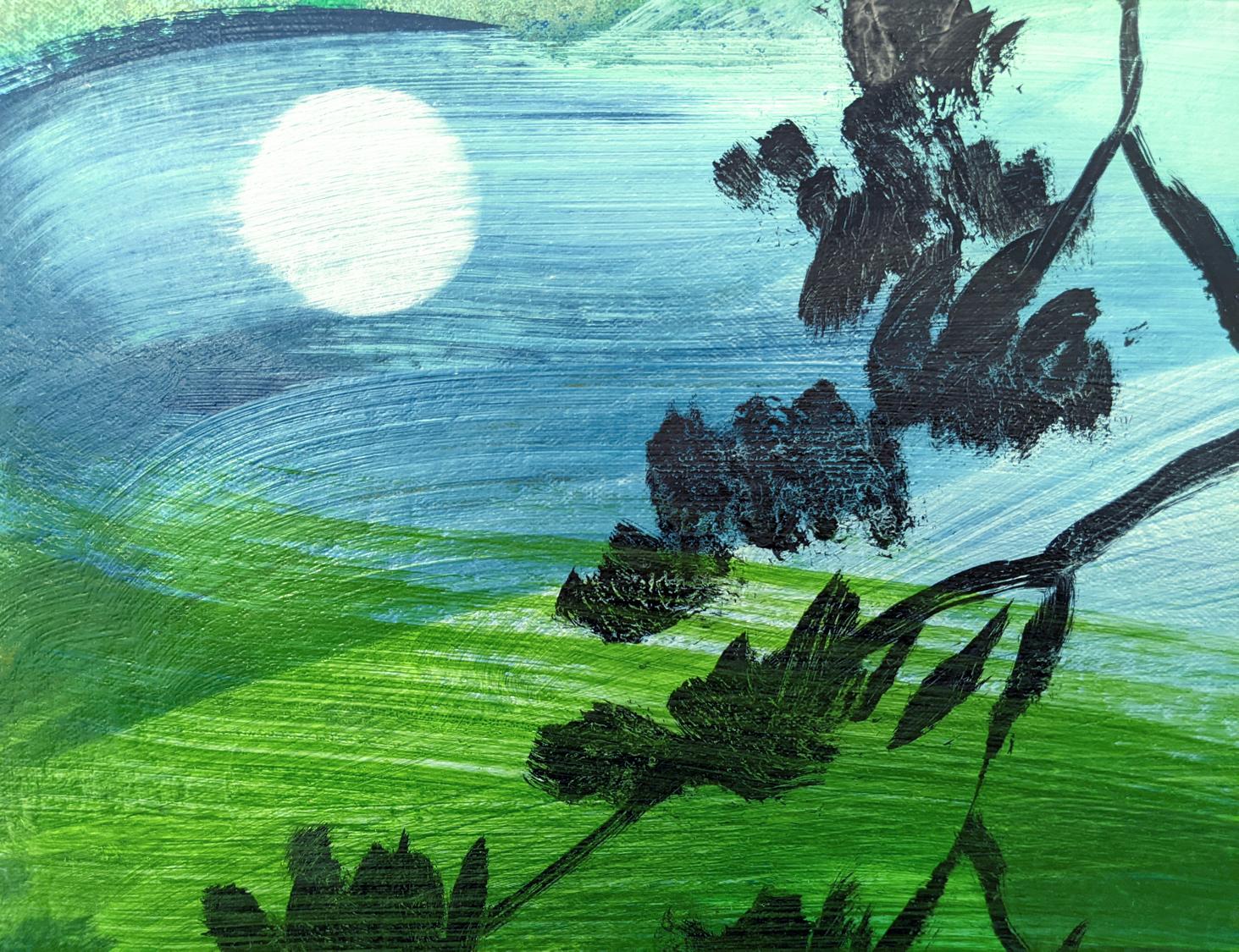 Strong Feelings Moon - contemporaneo, paesaggio, olio su tela su pannello - Abstract Painting Nero di Mel Davis