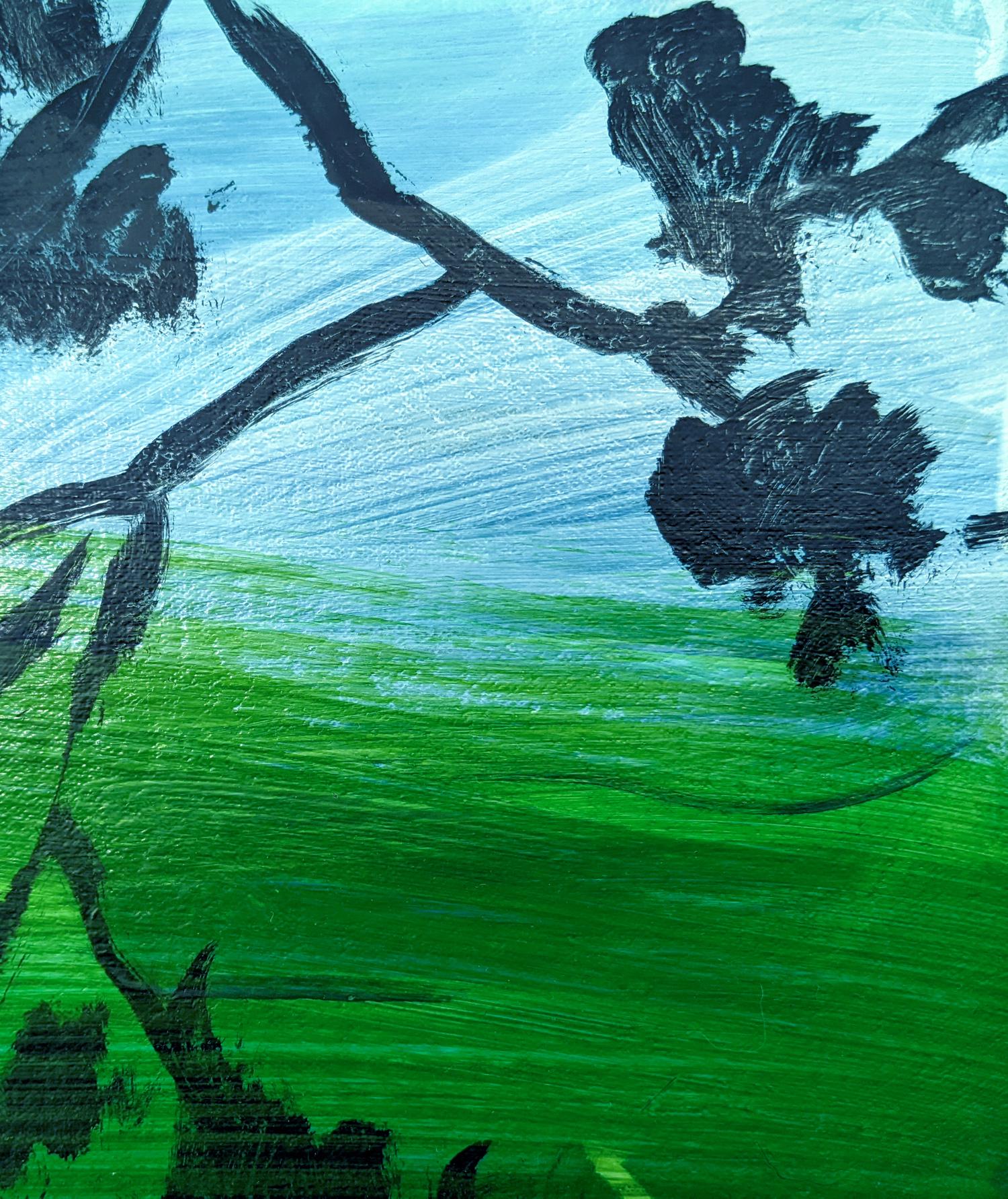 Questo paesaggio etereo è stato creato dall'artista Mel Davis, nato a Montreal. Un'unica luna bianca è sospesa in un cielo blu scuro, mentre l'erba verde e un grande ramo d'albero sono in primo piano. Davis utilizza audaci immagini alla Matisse,
