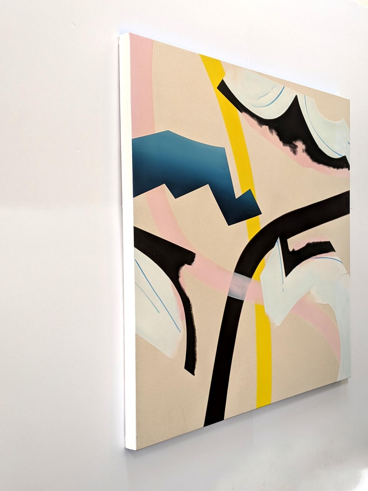 In this lyrical abstract work by Montreal born Mel Davis organic shapes intersect in a playful composition. Using form and colour--blue, yellow, blush pink, black and snow-white Davis re-imagines the traditional landscape. 

