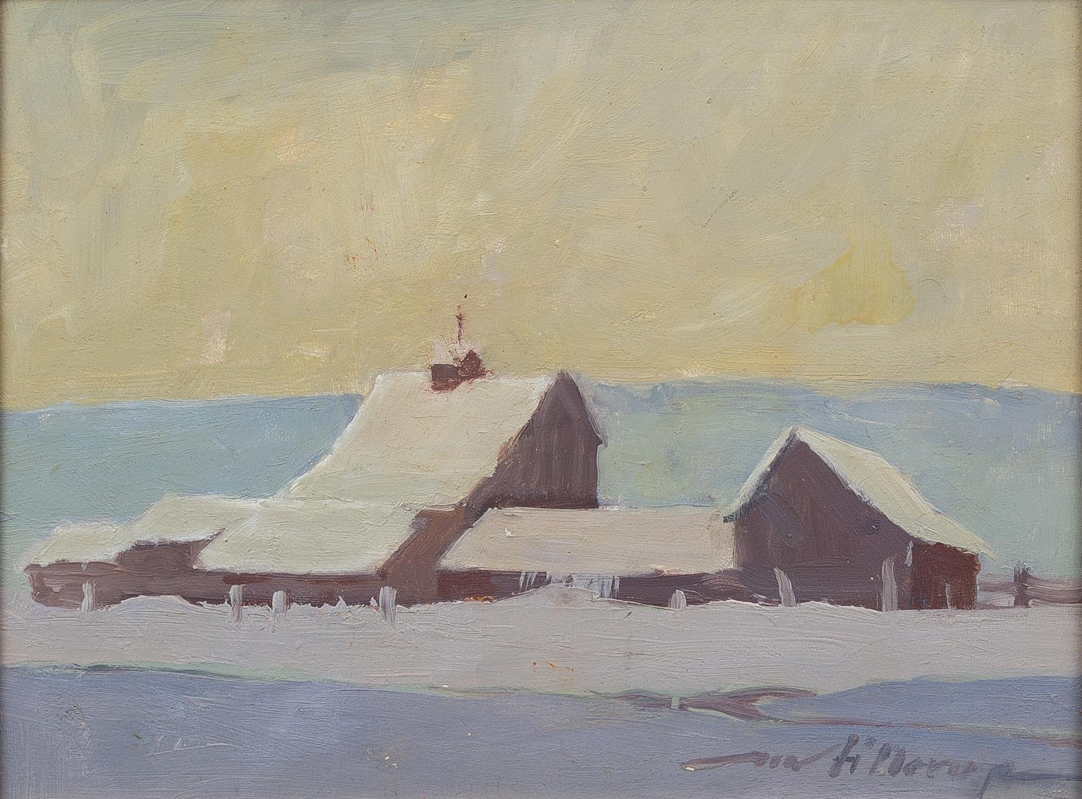 Winter's Blanket, Barn Snowscape Oil on Board, Western Art - Painting by Mel Fillerup