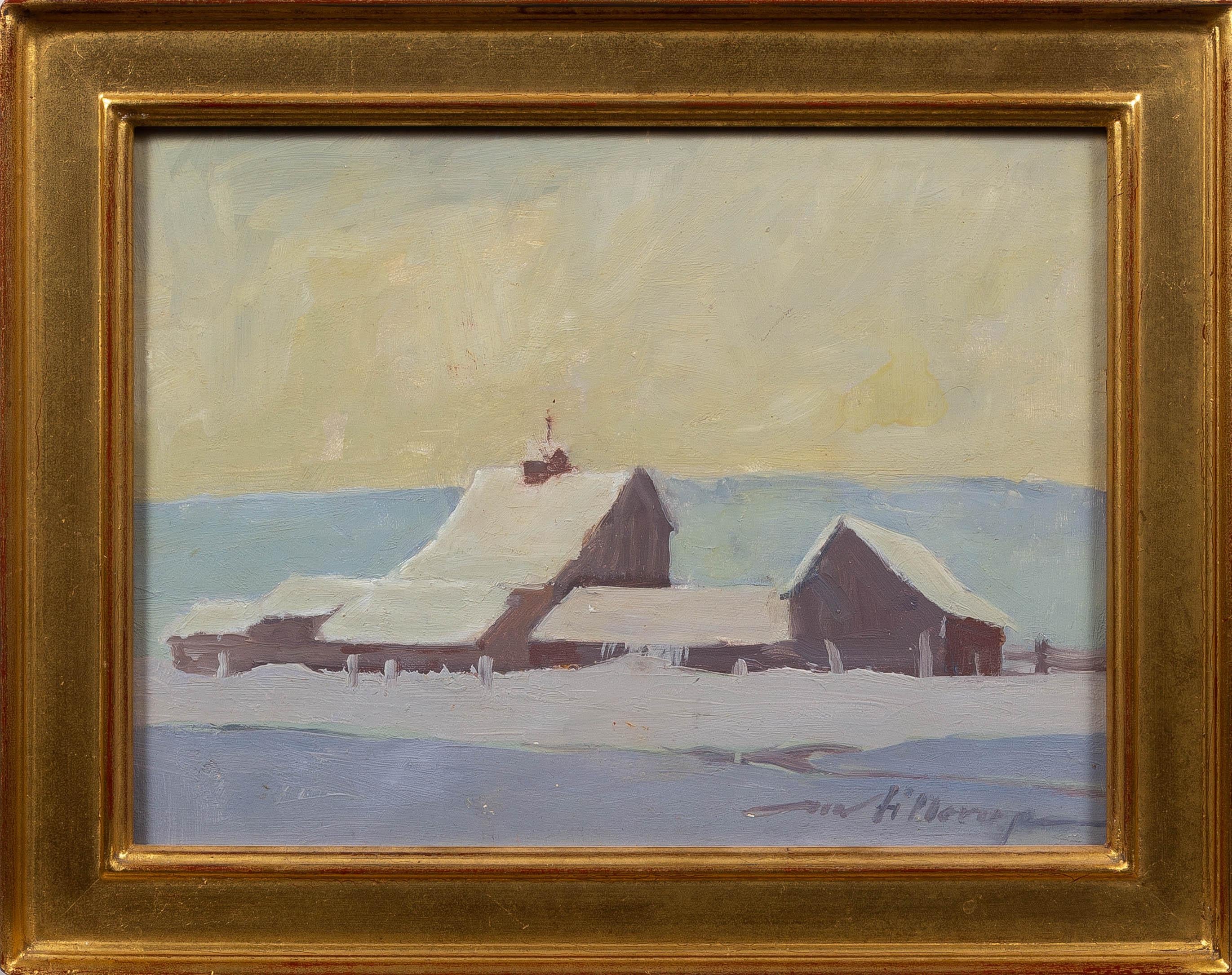 Mel Fillerup Landscape Painting - Winter's Blanket, Barn Snowscape Oil on Board, Western Art