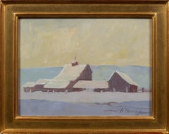 Vintage Winter's Blanket, Barn Snowscape Oil on Board, Western Art