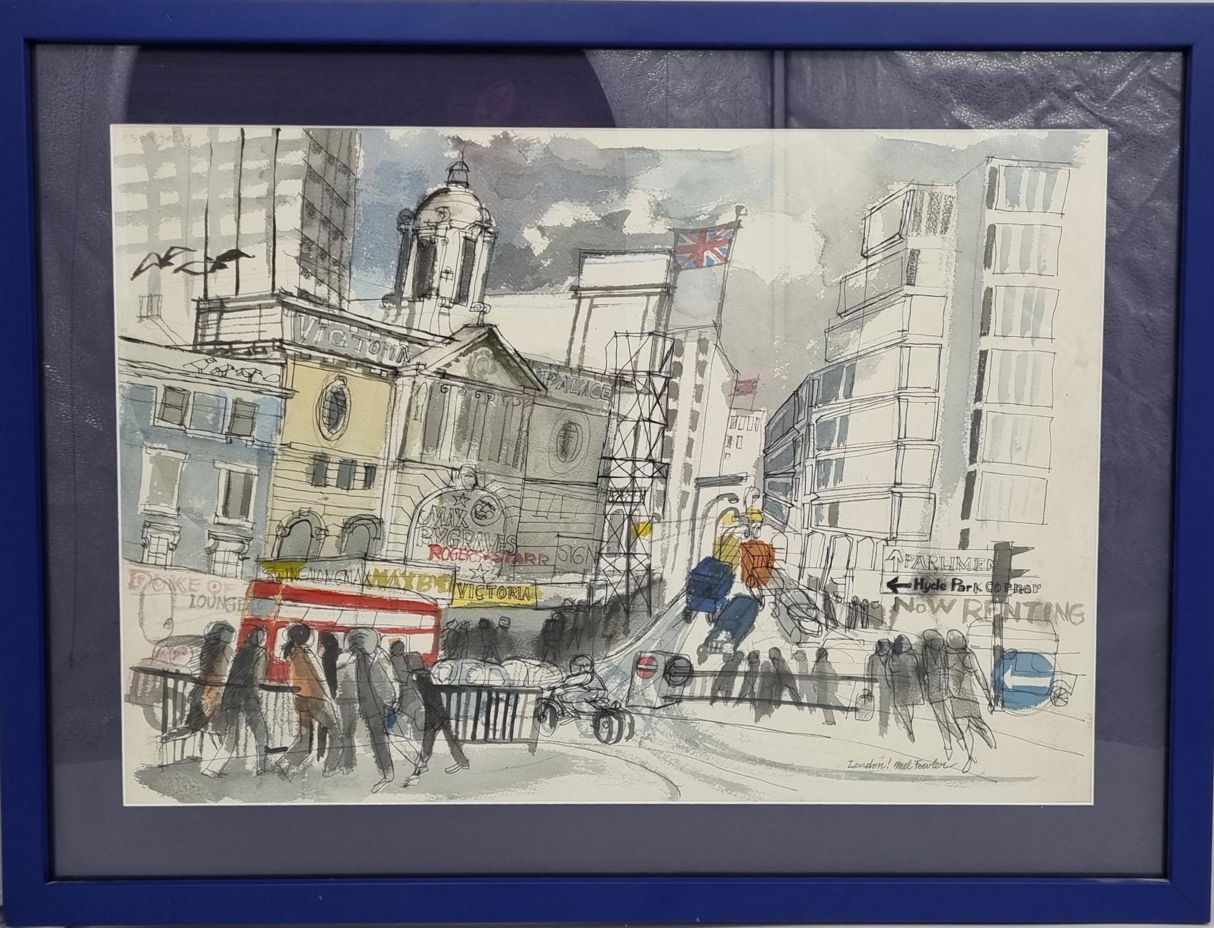  A lovely charismatic Water colour painting by Mel Fowler 1921-1987 . This busy London London street scene was painted by the artist during the late 1960s early 70s .

Mel Fowler (1921-1987) was a listed Italian-American painter known for his cubist
