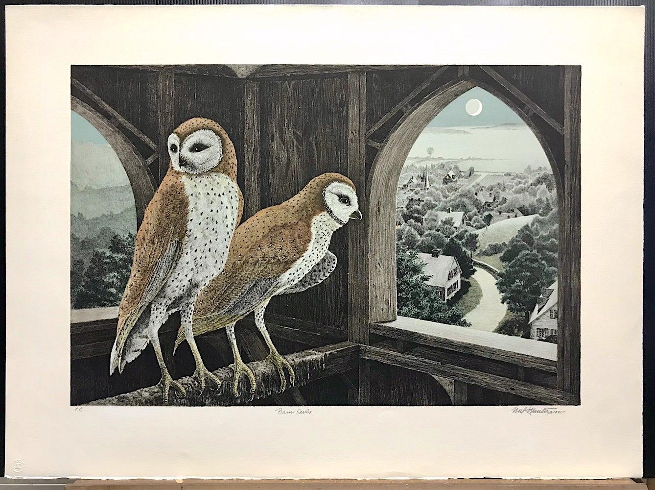 BARN OWLS Signed Lithograph, Bird Portrait, Rustic Barn Loft, Earthy Browns - Realist Print by Mel Hunter