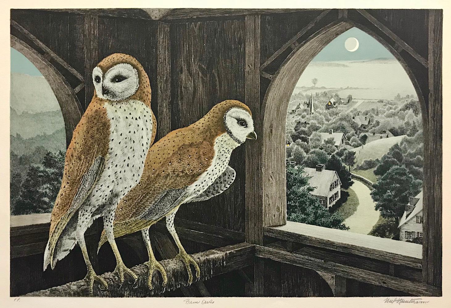 Mel Hunter Animal Print - BARN OWLS Signed Lithograph, Bird Portrait, Rustic Barn Loft, Earthy Browns