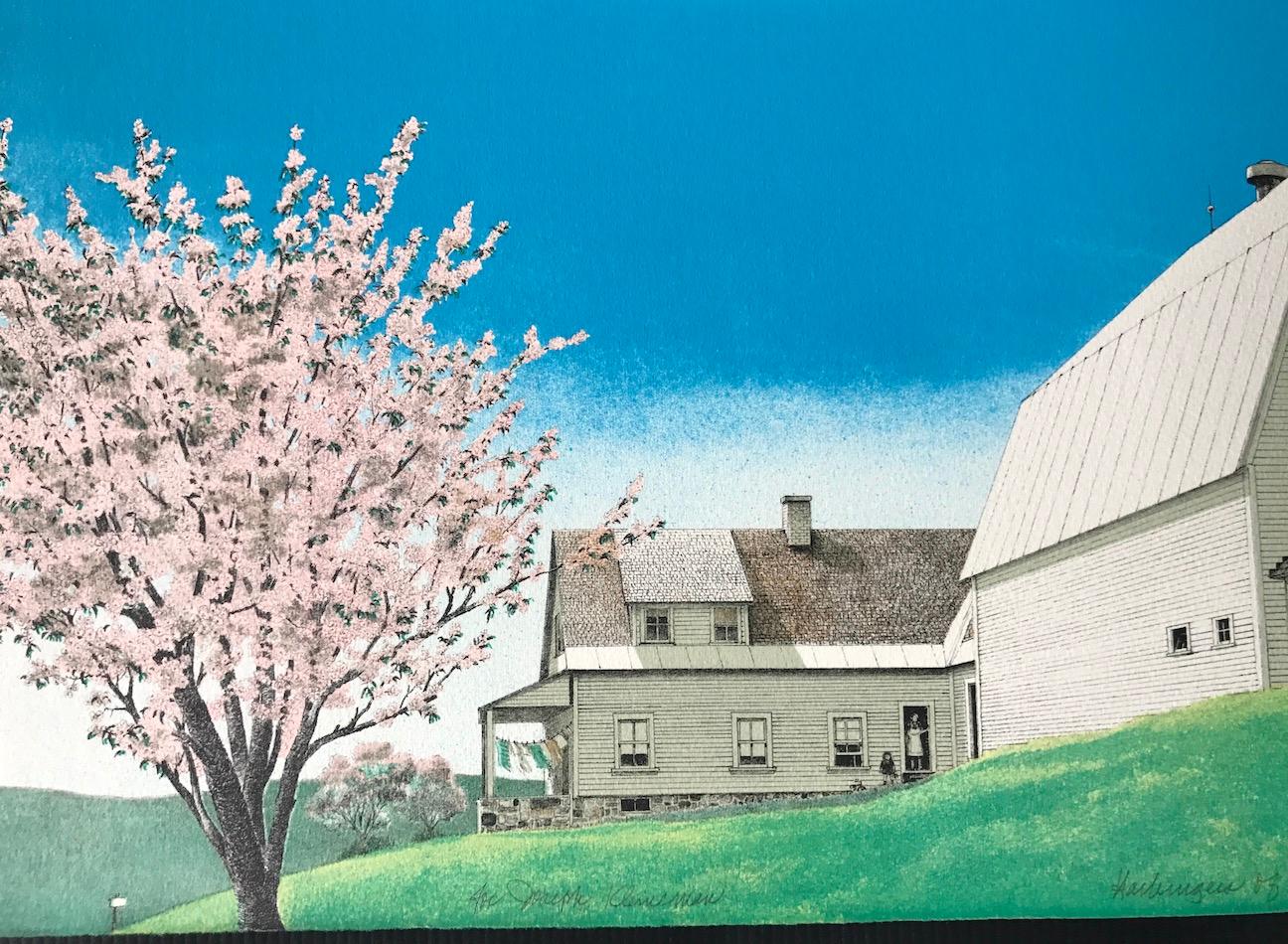 HARBINGER OF SPRING Litografia firmata, casa colonica paesaggio cielo blu fienile bianco - Print di Mel Hunter
