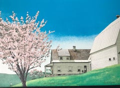 HARBINGER OF SPRING Signed Lithograph, Farm House Landscape Blue Sky White Barn