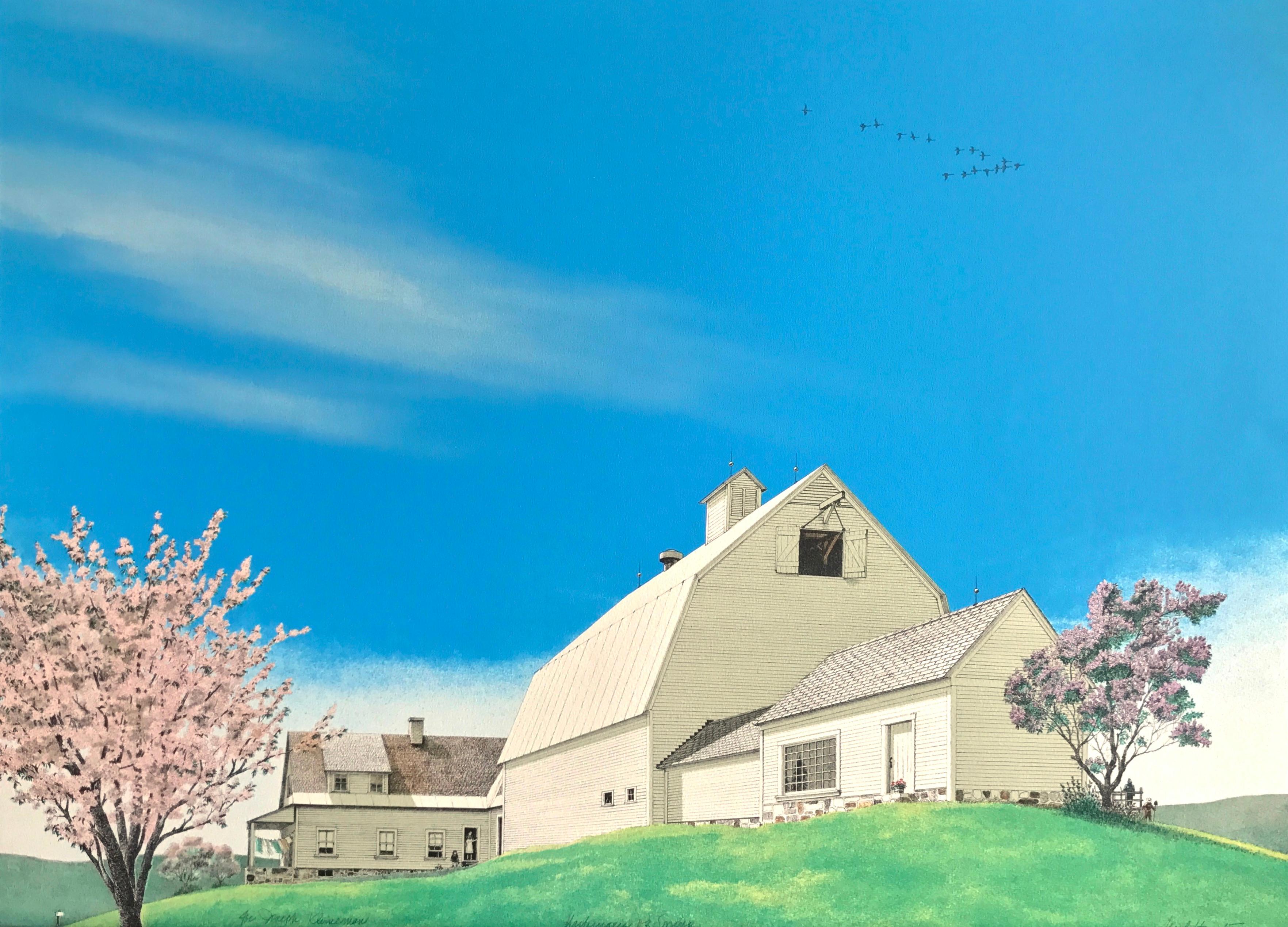 Mel Hunter Landscape Print - HARBINGER OF SPRING Signed Lithograph, Farm House Landscape Blue Sky White Barn