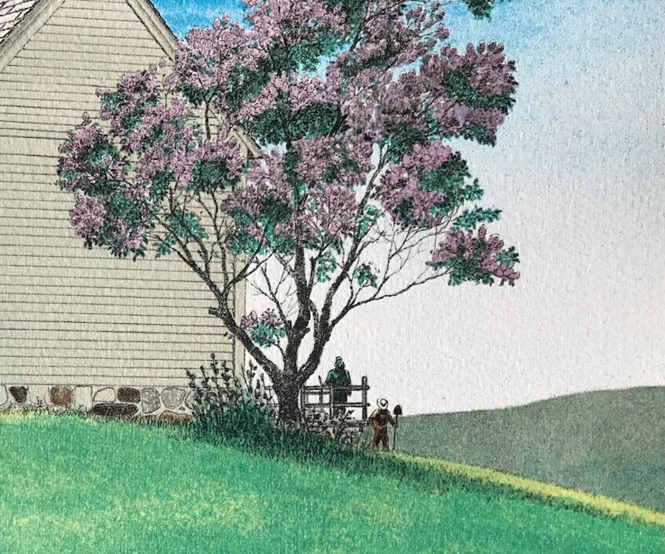 HARBINGER OF SPRING è una litografia originale in edizione limitata disegnata a mano (non una riproduzione fotografica o una stampa digitale) dell'artista/illustratore americano Mel Hunter, stampata con tecniche di litografia manuale su carta da