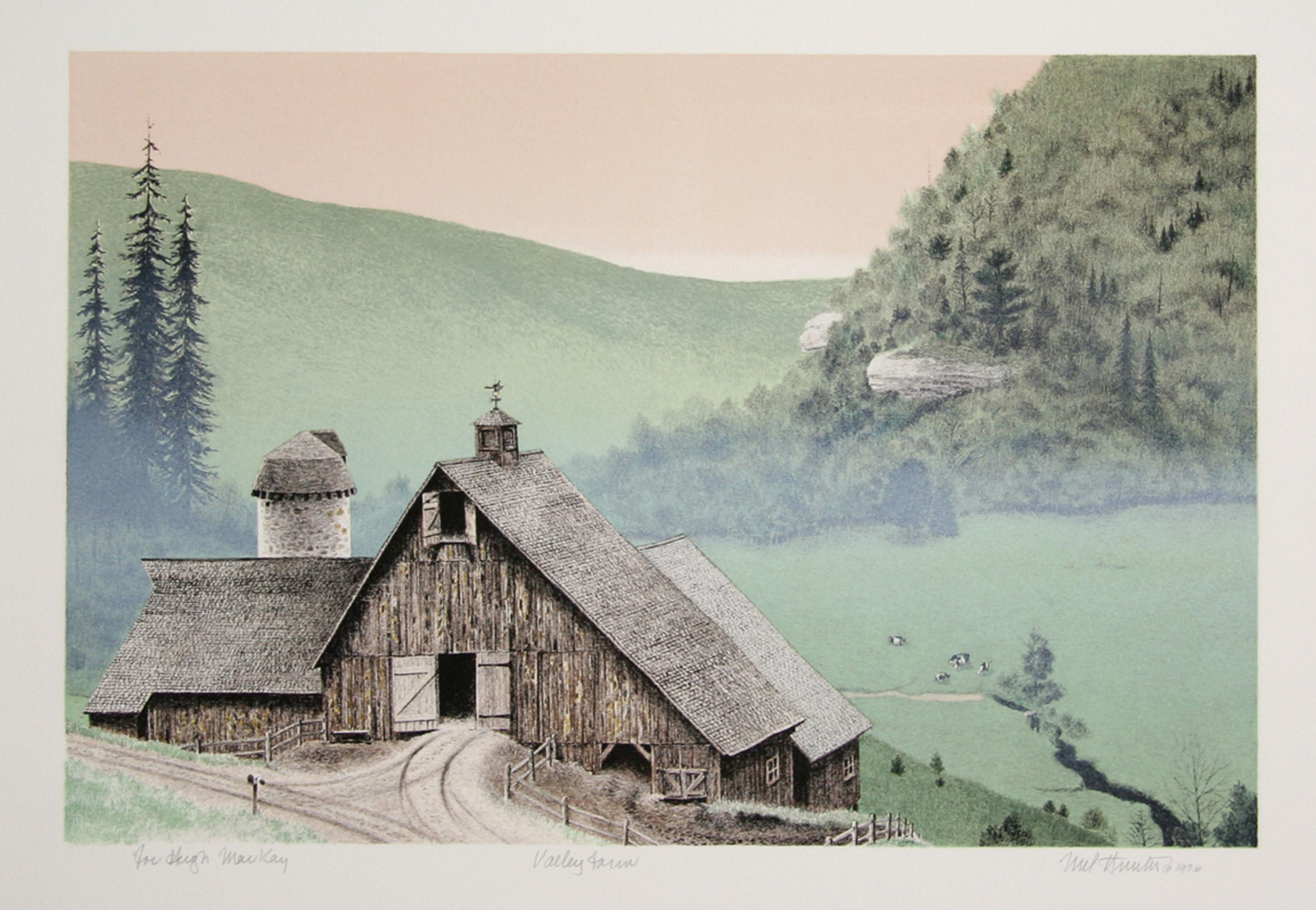 Bauernhof im Tal, amerikanische realistische Lithographie von Mel Hunter
