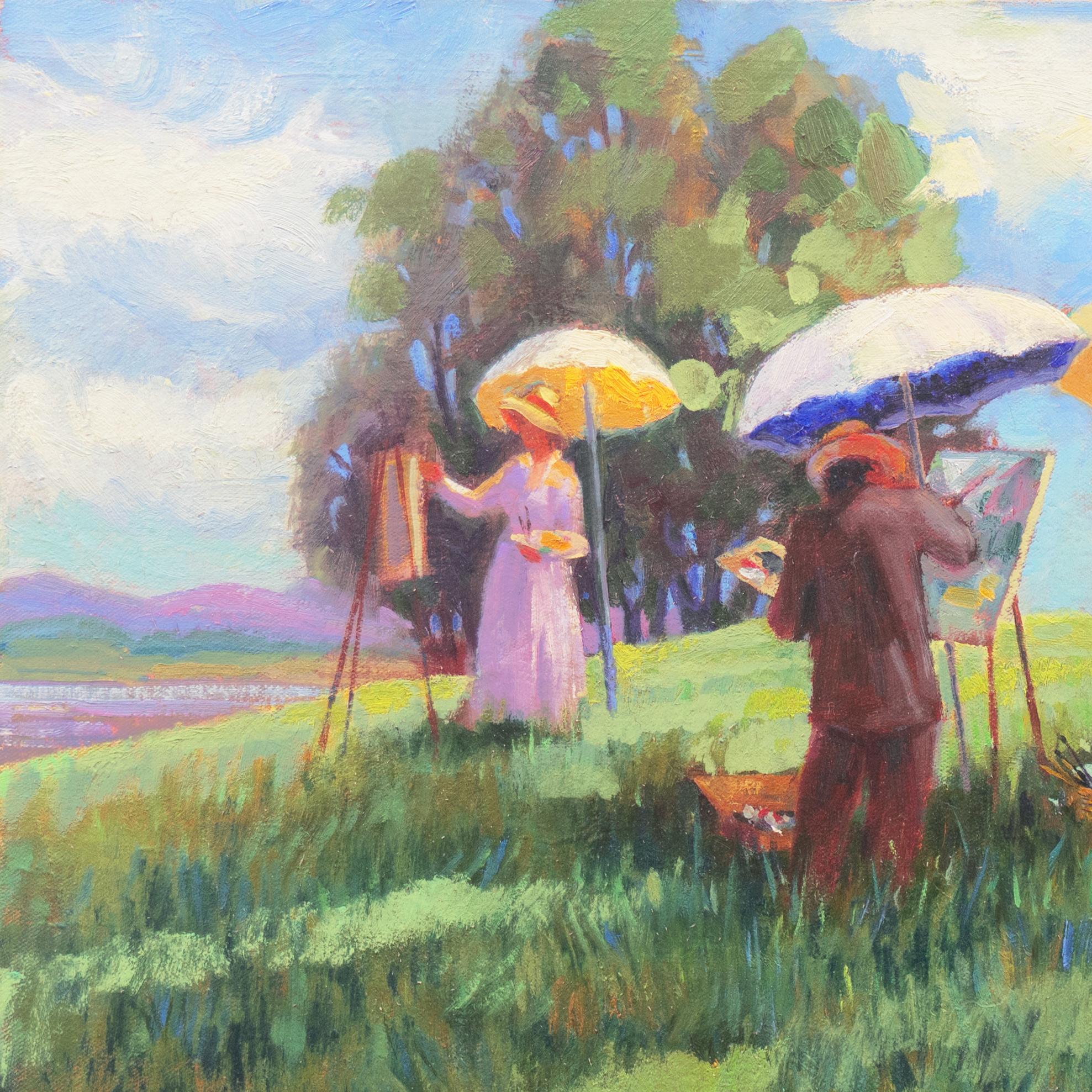 Un paisaje al óleo, luminoso y ventoso, que muestra a un grupo de pintores al aire libre, vestidos con trajes eduardianos, trabajando en sus caballetes bajo un cielo azul nublado. Firmado abajo a la derecha, 'M. Kane' por Mel Kane (estadounidense,