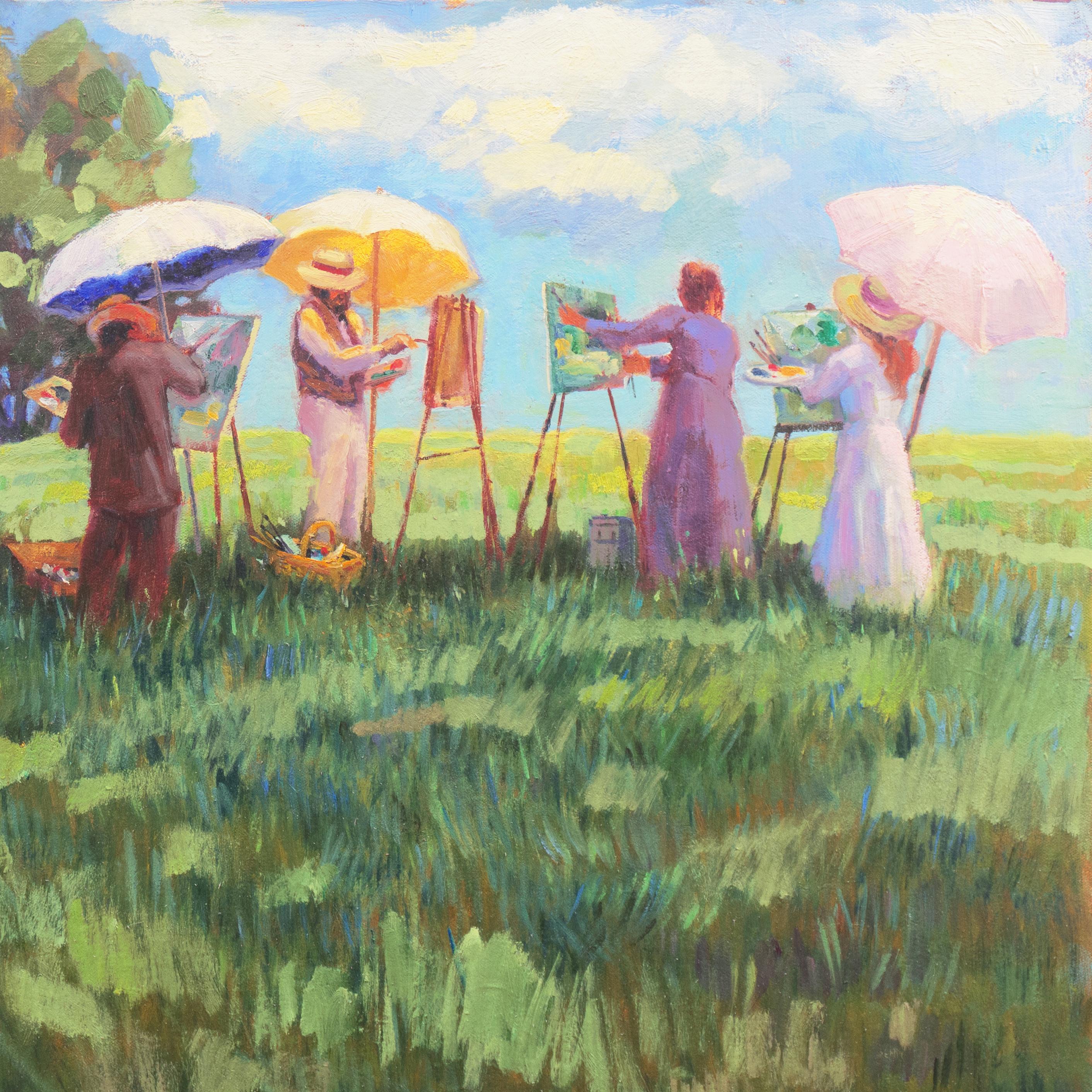 'Edwardian Plein-Air Painters', Summer Landscape with Artists Working - Gray Figurative Painting by Mel Kane
