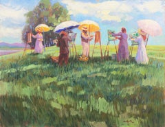 Pintores eduardianos al aire libre", Paisaje de verano con artistas trabajando