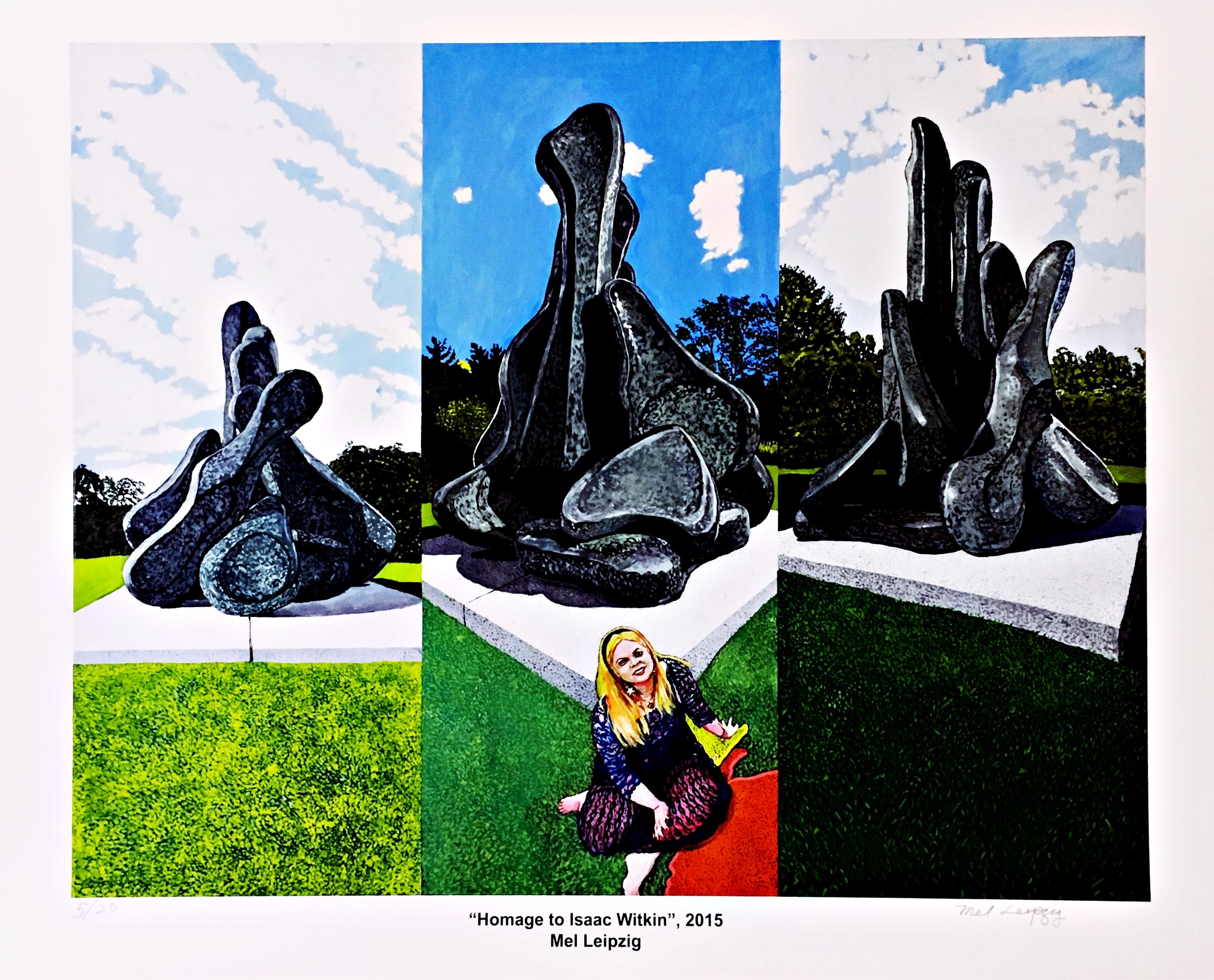 Homage to famed modernist sculptor Isaac Witkin, at Grounds for Sculpture Signed - Realist Print by Mel Leipzig