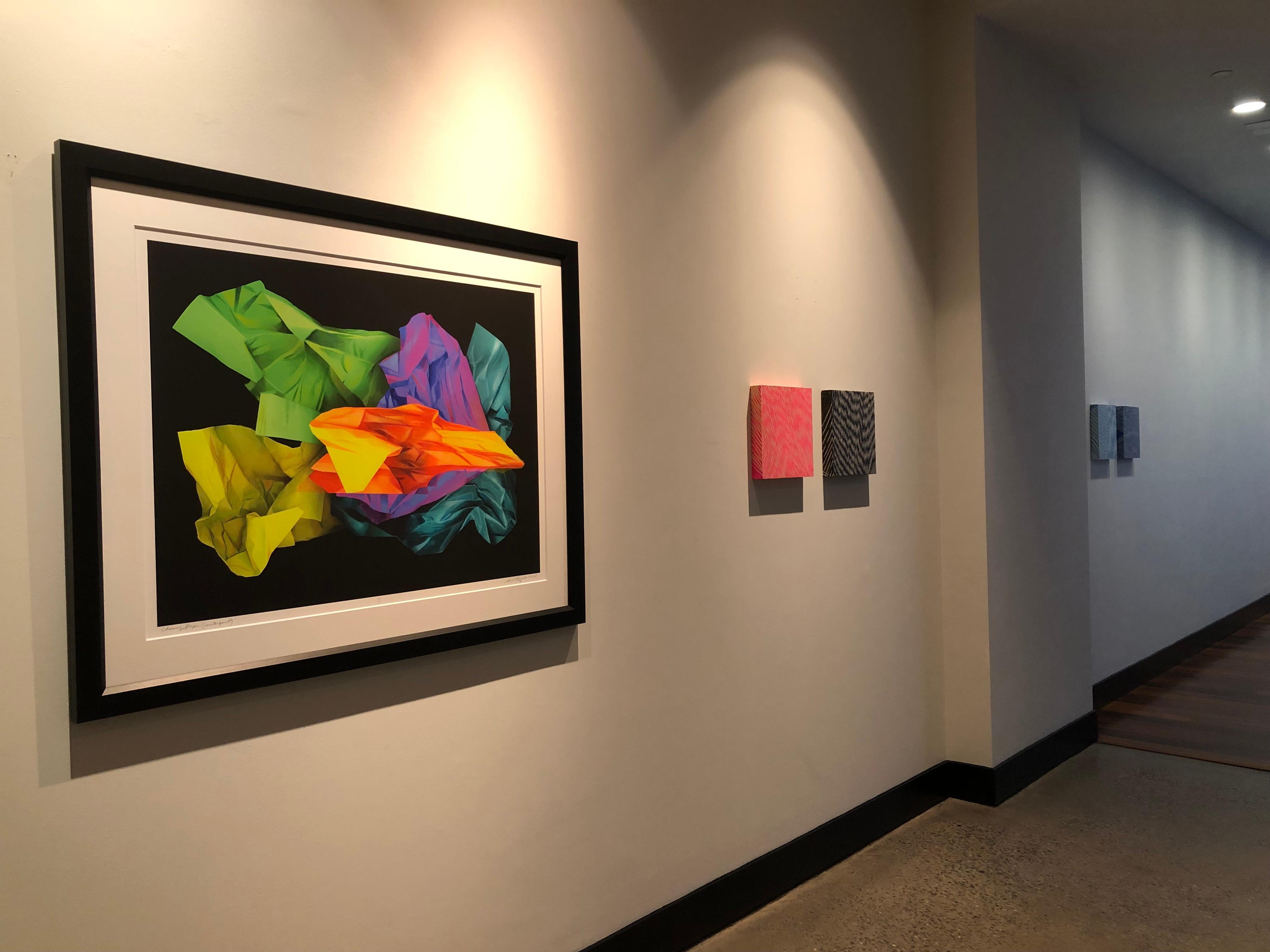Color and line are imbued with taste and aroma in Mel Prest’s linear abstractions. Her recent works experiment with interference, fluorescents, metallics, and mica, subtly altering the light conditions and the flavor palette of her panels. Kinetic