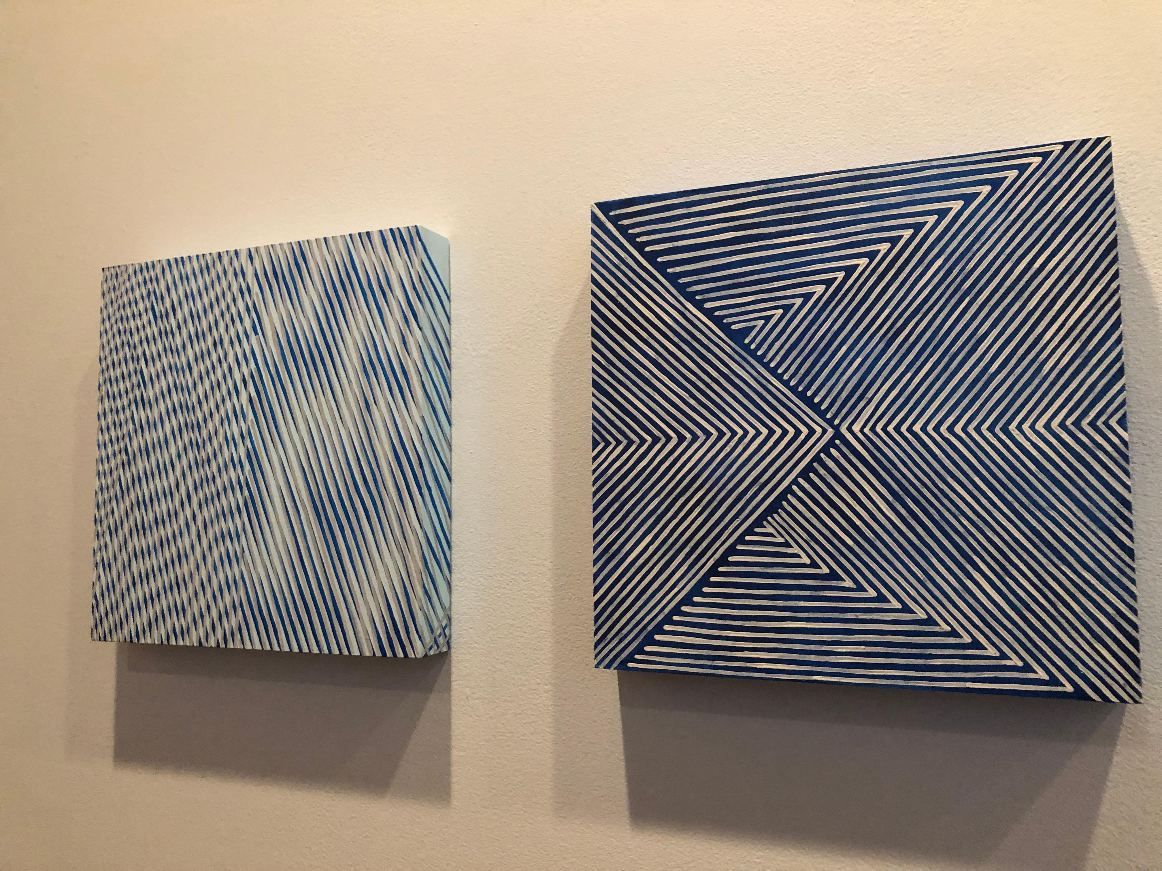 Untitled (maraca), blue abstract optical painting, acrylic on panel, 2020 - Painting by Mel Prest