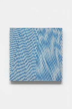 Untitled (maraca), blue abstract optical painting, acrylic on panel, 2020
