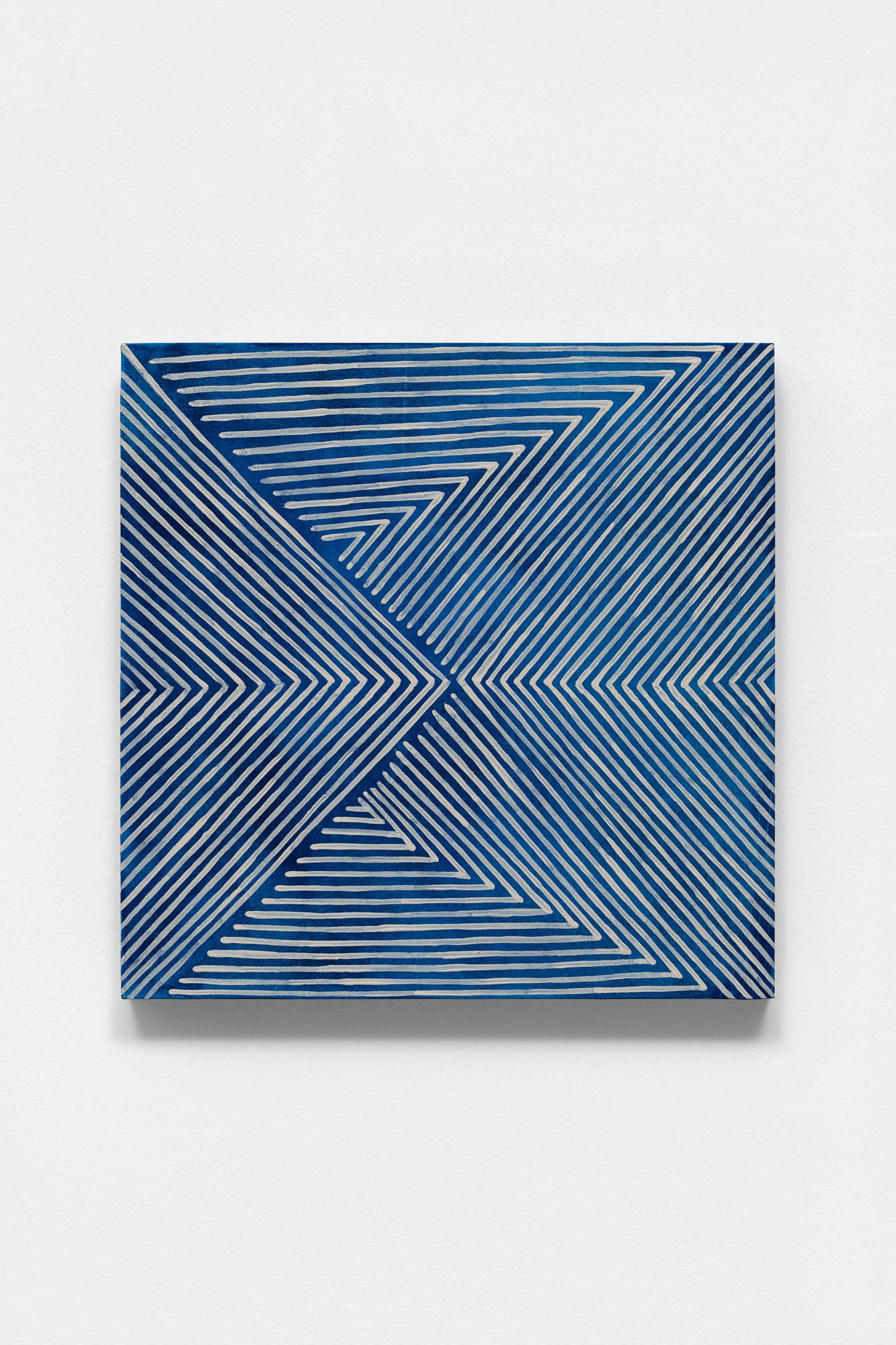 Mel Prest Abstract Painting - Untitled (wrap), blue abstract optical painting, acrylic and mica on panel, 2020